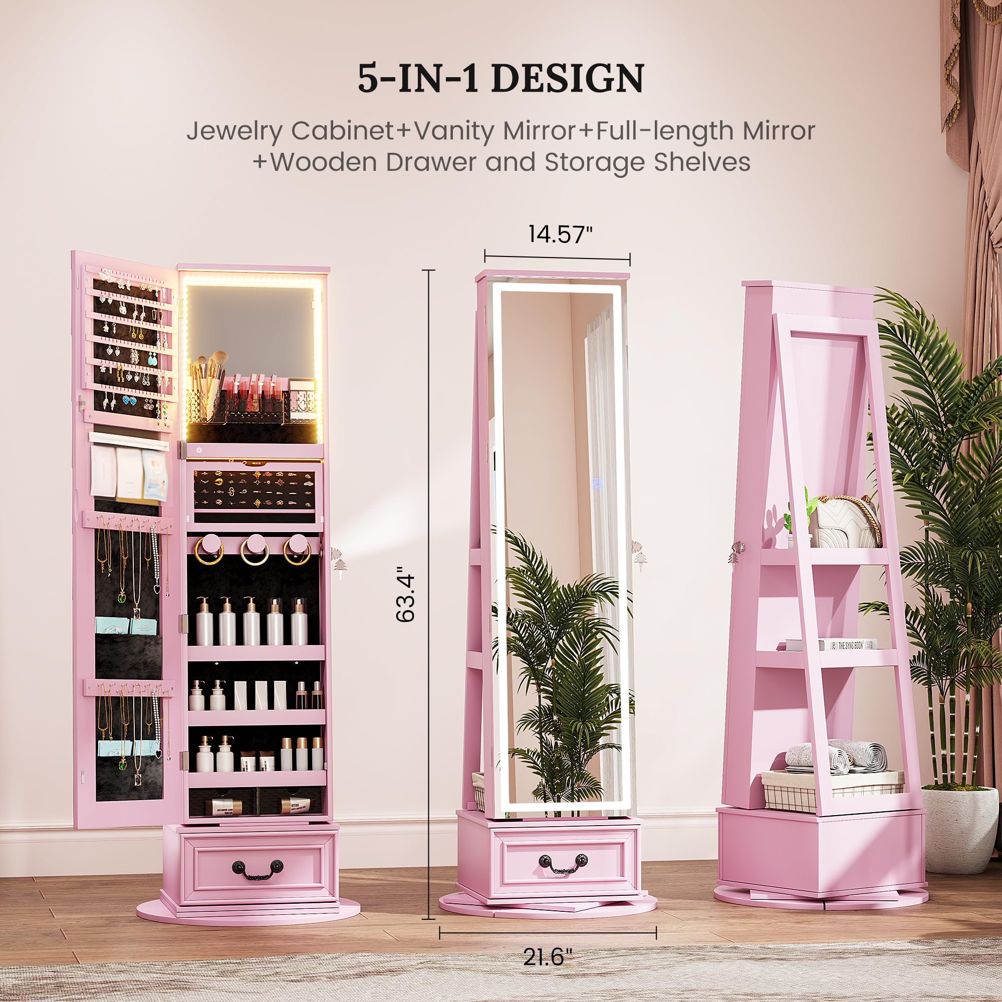 LVSOMT LED Mirror Jewelry Cabinet Standing, 360°Swivel Jewelry Armoire with Full Length Mirror, Mirror with Jewelry Storage and Large Wooden Drawer for Christmas Gifts ()