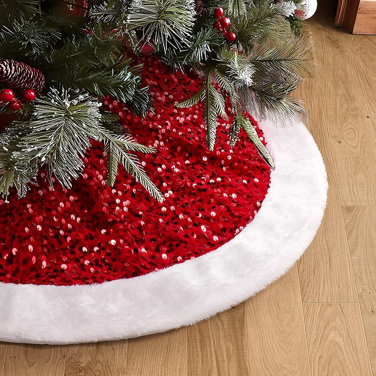 Christmas Tree Skirt, 24 Inches, Sparkling Red Sequin with White Faux Fur, for Xmas Holiday Home Decorations Christmas Decor (24 Inches) Red 24 Inches
