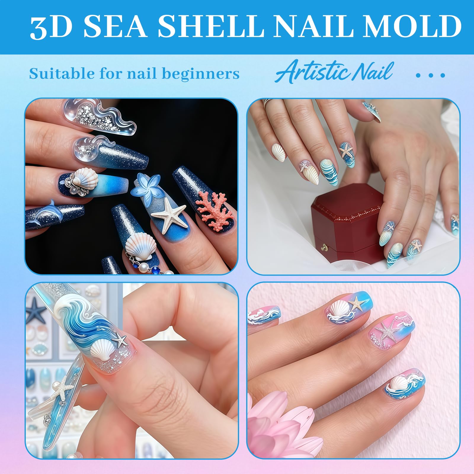 3D Gel Nail Art Mold Set Verano Mar & Conchas DIY Accesorios Uñas Flexible Transparente