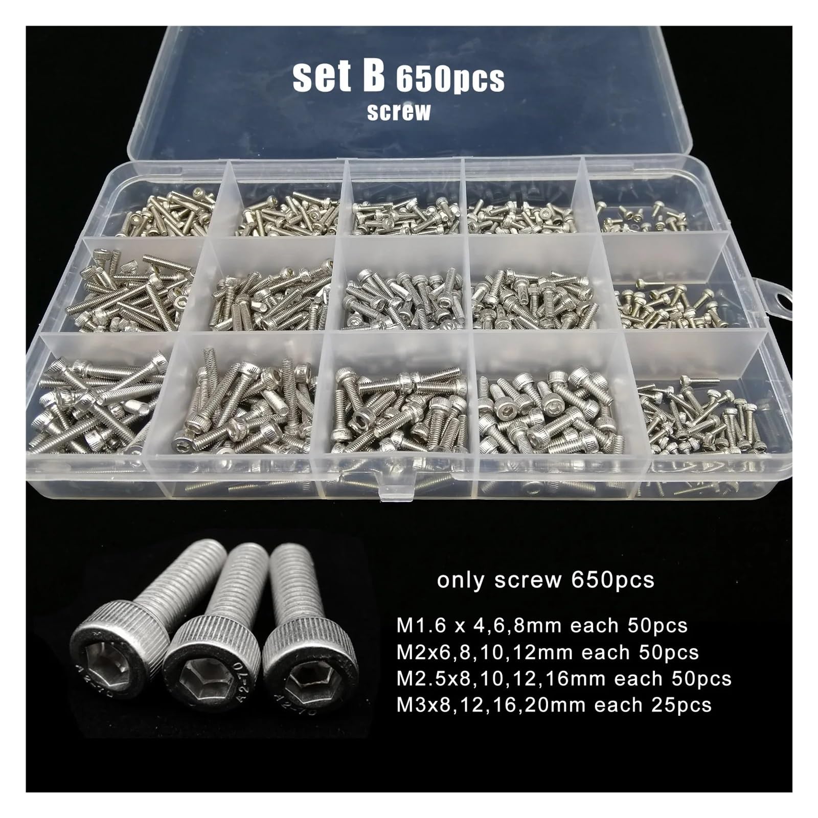 Totale 400/650/1140/2100X 304 In Acciaio Inox Esagonale A Esagono Incassato Vite A Testa Bullone Dado Set Kit di Assortimento(Set B 650pcs)