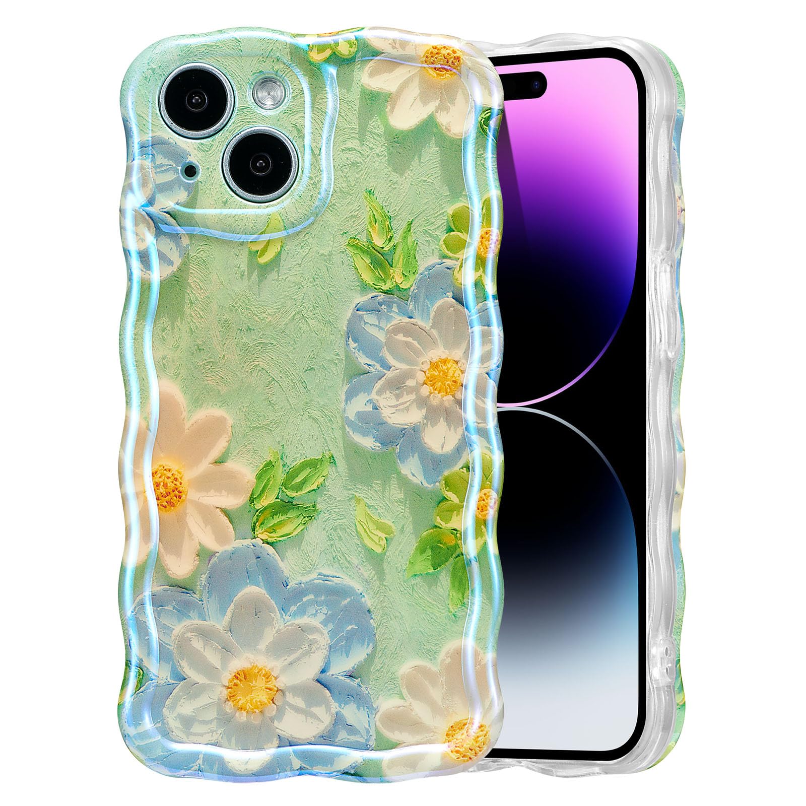 EYZUTAK Case for iPhone 15, Colorful Retro Oil Painting Flower Laser Beam Glossy Pattern Cute Curly Waves Border Exquisite Phone Cover Stylish Durable Soft TPU Protective Case for Girls Women - Green — view 82
