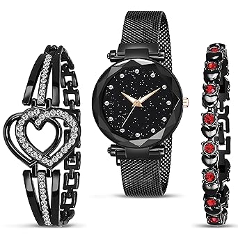MARCLEX Branded Analogue Diamond Studded Black Dial Magnet Watch with Gift Bracelet for Women or Girls and Watch for Girl or Women (Combo of 3)