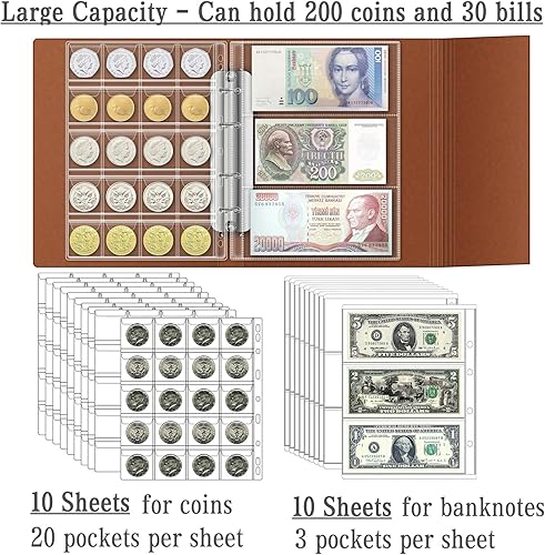 Miniatura 3 de Ettonsun Colección de monedas para coleccionistas, 200 bolsillos, álbum de recolección de monedas y 30 fundas de papel moneda, estuche de