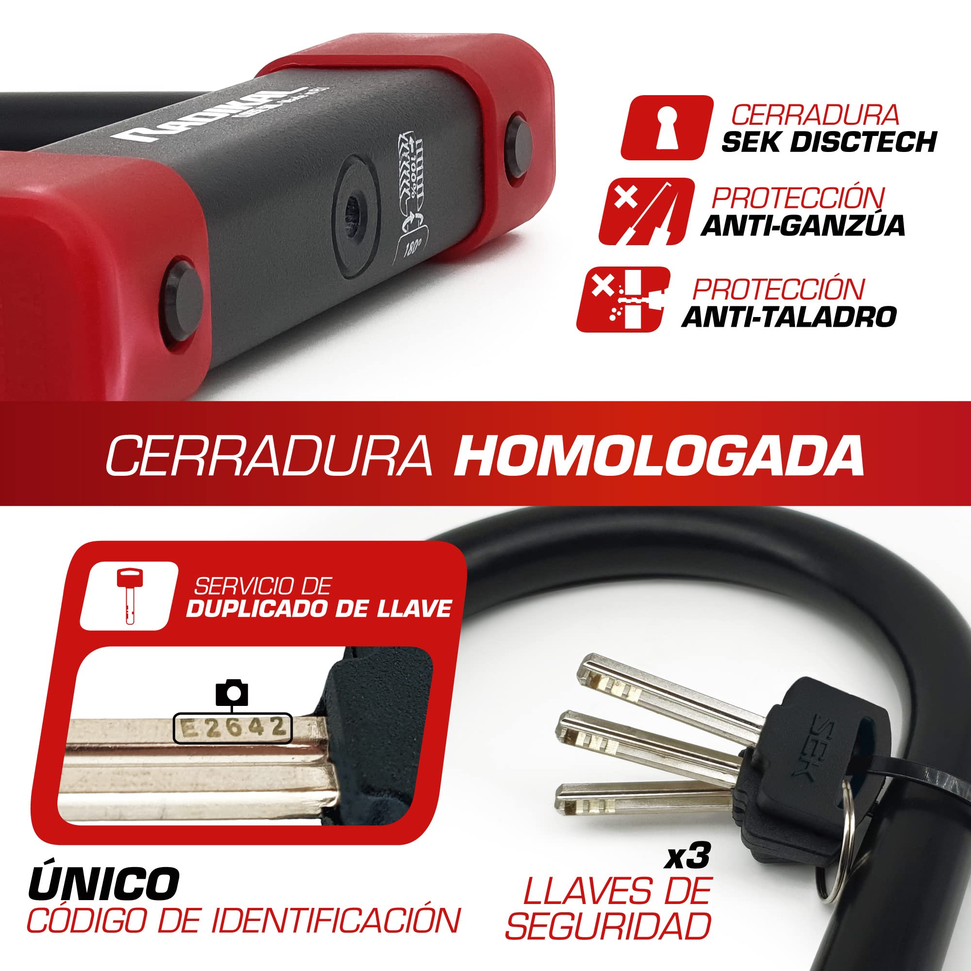 RADIKAL RK120310 Candado Moto U Premium Homologado SRA, 120x310mm Más Opciones Bloqueo, Arco ø18mm Acero Cementado Revestido de Doble Cierre, Cerradura Antirrobo U Lock Scooter, Bici Eléctrica