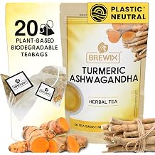 BREWIX, Turmeric Ashwagandha Herbal Tea Bags 20 Pyramid Tea Bags | Caffeine-Free for Relaxation & Daily Stress Support | Herbal Tea For Health & Wellbeing | Supports Restful Sleep | Spiced Herbal Blend with Turmeric, Ashwagandha & Black Pepper | Earthy & Aromatic | Caffeine Free & Naturally Gluten Free | 100% Pure Herbal Blend in Resealable Ziplock Pouch