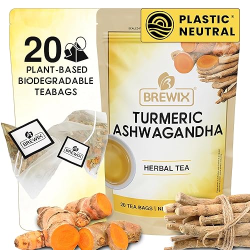 BREWIX, Bolsas de té de hierbas Ashwagandha de cúrcuma (20 bolsas de té piramidales) Ingredientes reales de la India, sin cafeína y naturalmente sin