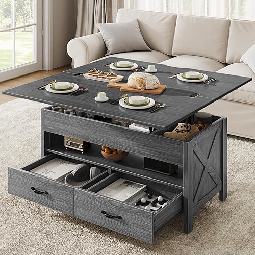 Marsail Mesa auxiliar elevable, mesa central multifuncional 4 en 1 con compartimento oculto, 2 cajones y estante abierto, altura ajustable para sala