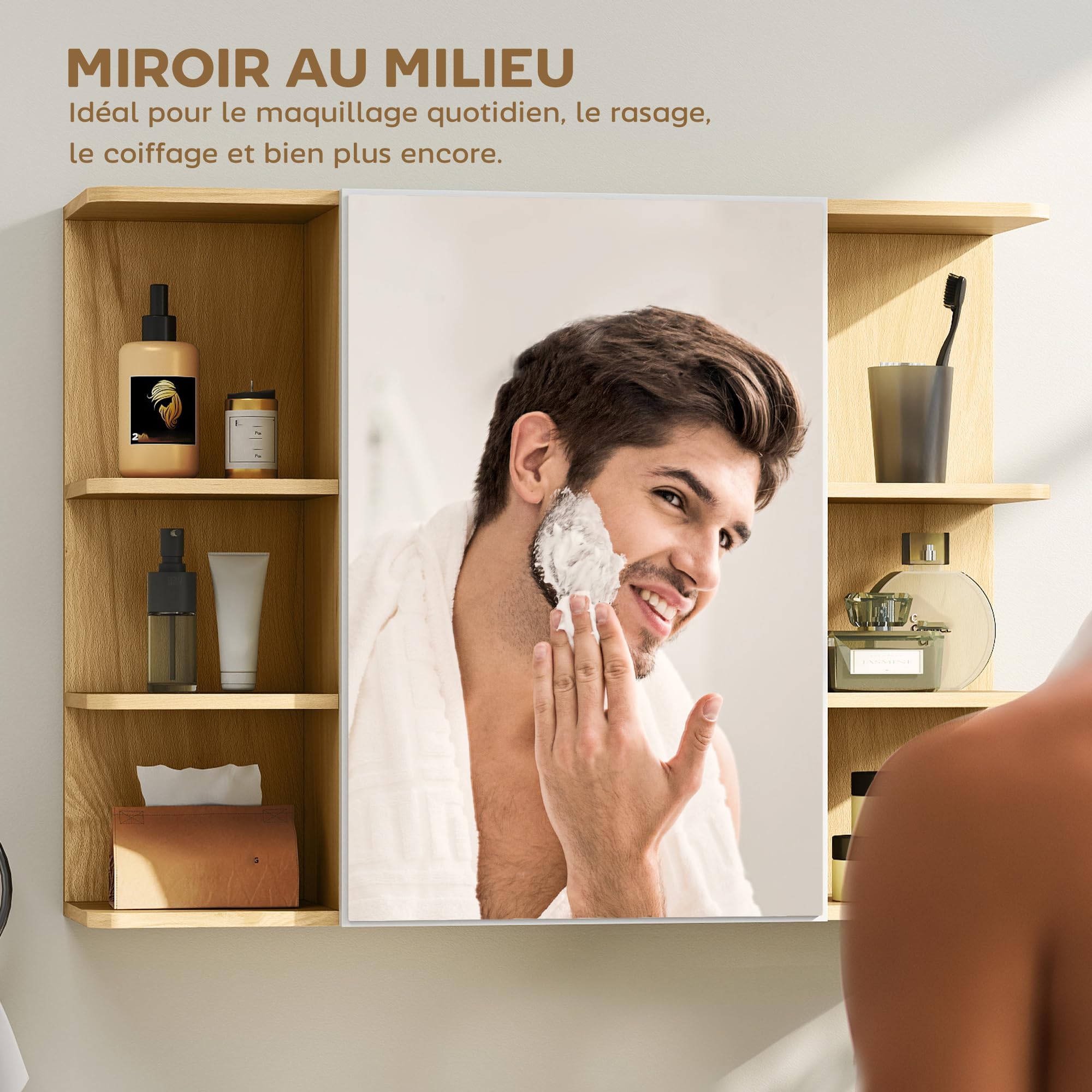 HOMCOM Armoire Murale Salle de Bain avec Miroir, Meuble Salle de Bain, Armoire de Toilette avec étagères Ouvertes, Miroir avec Rangement, 80 x 20 x 59 cm, Effet Bois Naturel