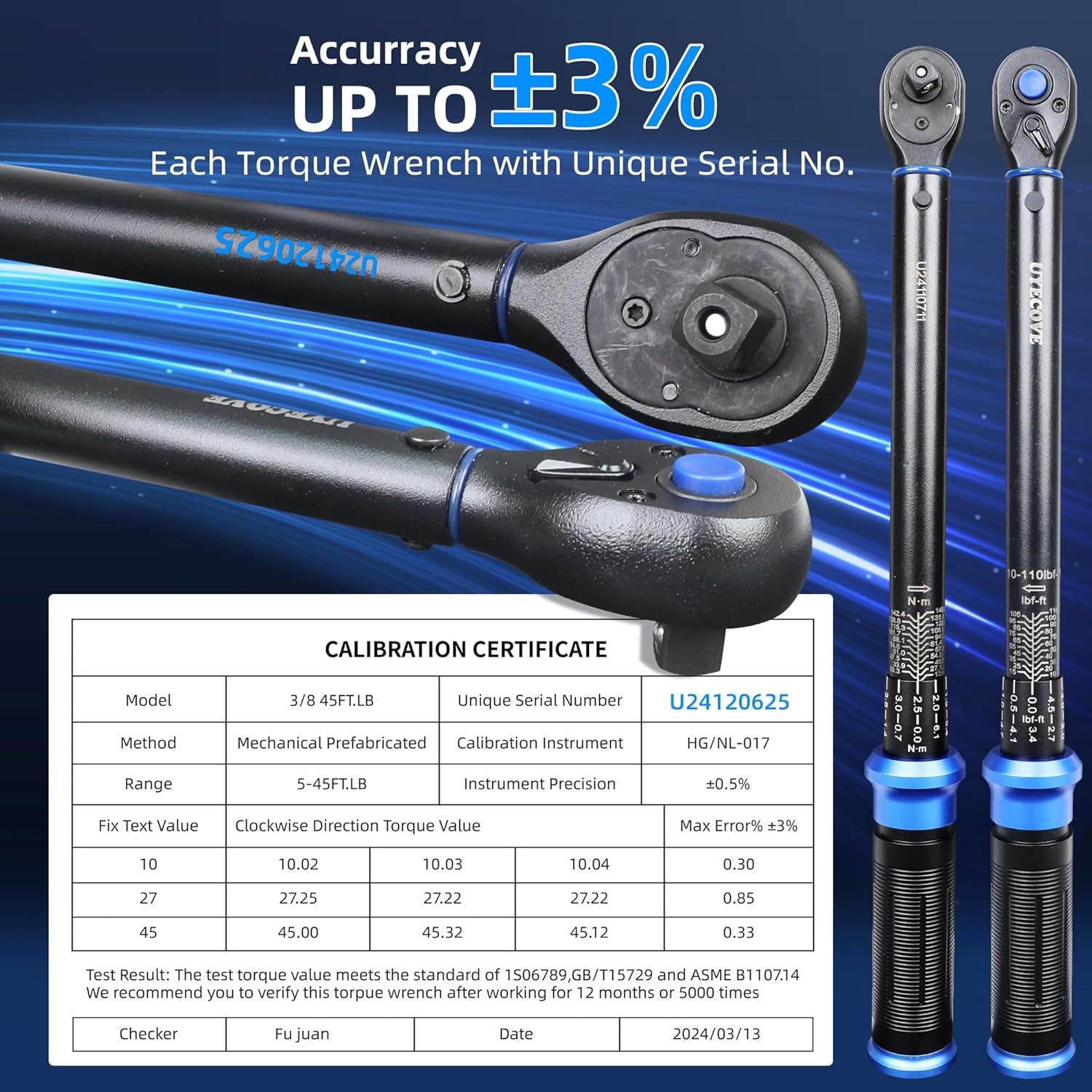3/8-Inch Drive Click Torque Wrench, Dual-Direction Click Professional Torque Wrench 10-110FT.LB/13.6-135.6N.M, Dual Range Scales Graduated in FT.LB and N.M, Blue