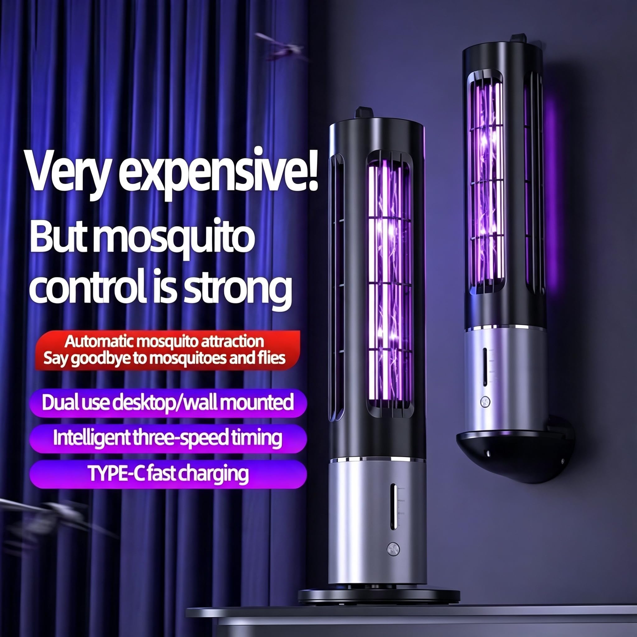 Zapper per zanzare 1200mAh, timer 30/60/90 minuti