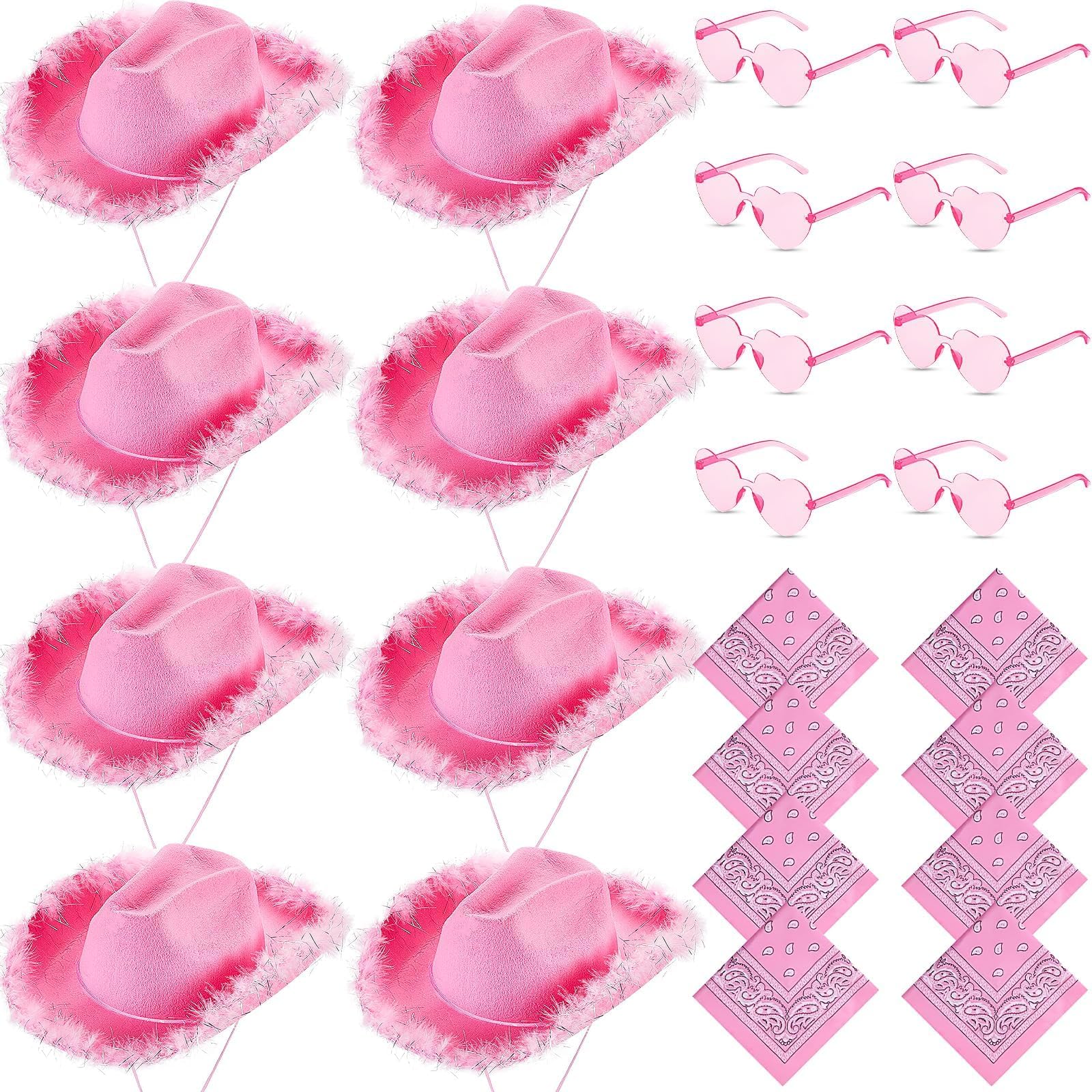 Juego de 24 sombreros de vaquero rosa para mujer, sombreros de vaquera esponjosos con bandana y gafas de sol, sombreros de vaquero para bodas, JGA, fiesta de cumpleaños y accesorios de disfraz