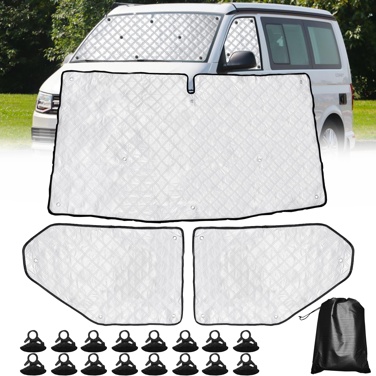 LC-AUTO Windscreen Cover Sunshade for V-W T5 T6 Internal Thermal Blind Front Window Screen Cover for Motorhome Transporter Silver Black