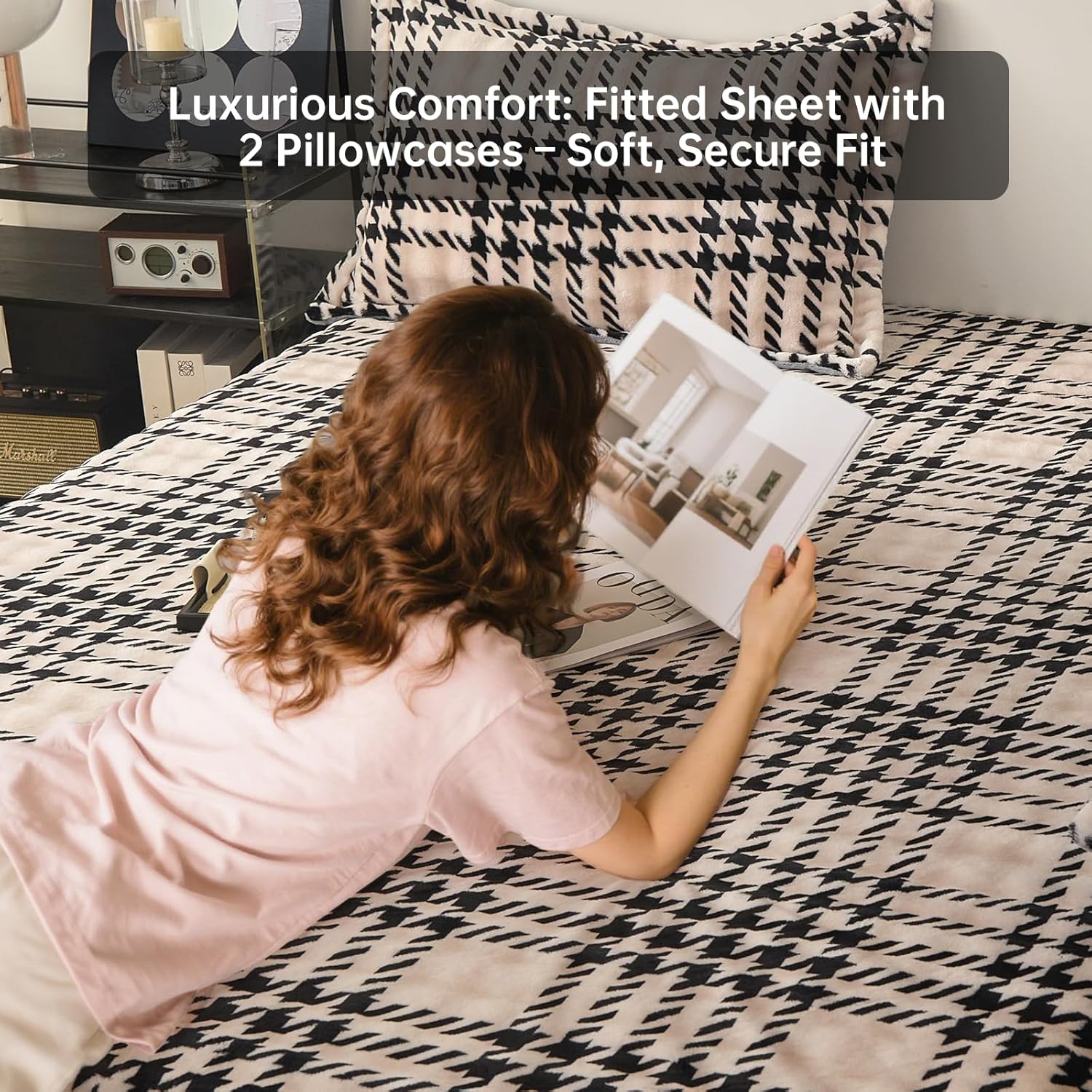 King Size Sheets, Luxury King Bed Sheets with 2 PCS Pillowcases, All Season Cozy Warmth, 17 inches Deep Pocket Fitted Sheet Set (Houndstooth)