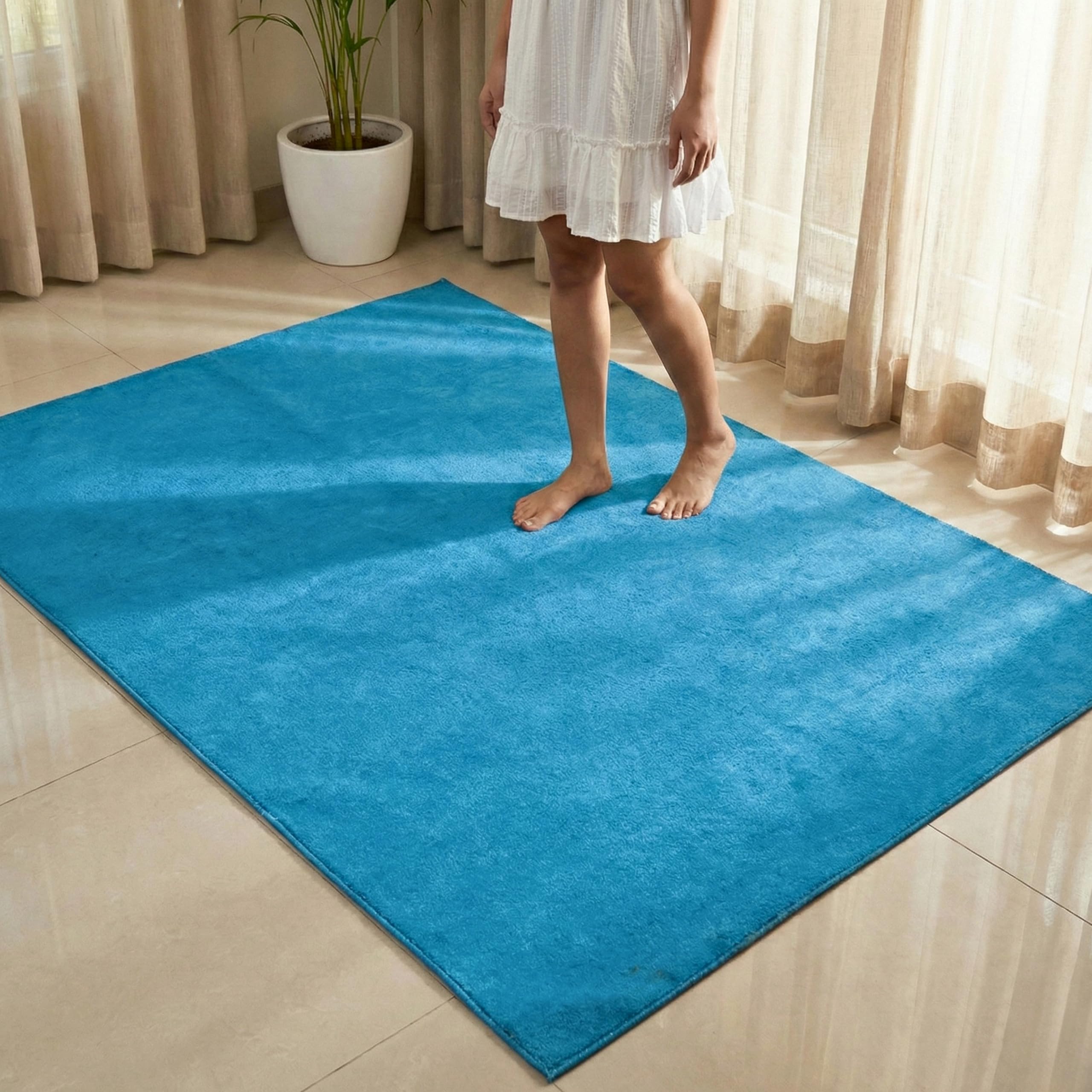 SARAL Home Blue Soft Microfiber Solid Design Anti-Skid Rectangular Carpet - 120X180 Cms