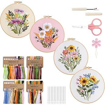 4pcs Flower Embroidery Set Adults Embroidery Set for Beginners Embroidery Kit with Plastic Embroidery Hoop Embroidery Starter Set with 4 Floral Pattern Video and Instructions for DIY Crafts Gift