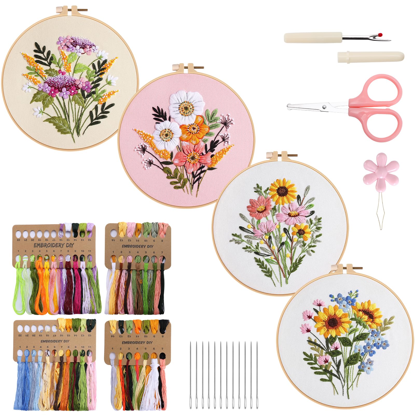 TINDTOP 5 Kit Da Ricamo Per Principianti Adulti, Motivi Floreali, Con Telaio, Fili, Aghi E Forbici