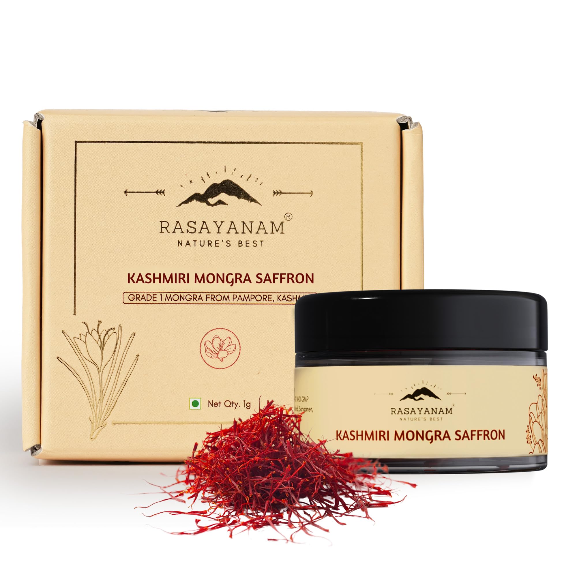 Rasayanam Pure Original Kashmiri Saffron/Kesar/Kumkuma Puvvu (1gm) | Certified highest Grade-A Keshar | Saffron for pregnant women, Pooja rituals & Food aroma