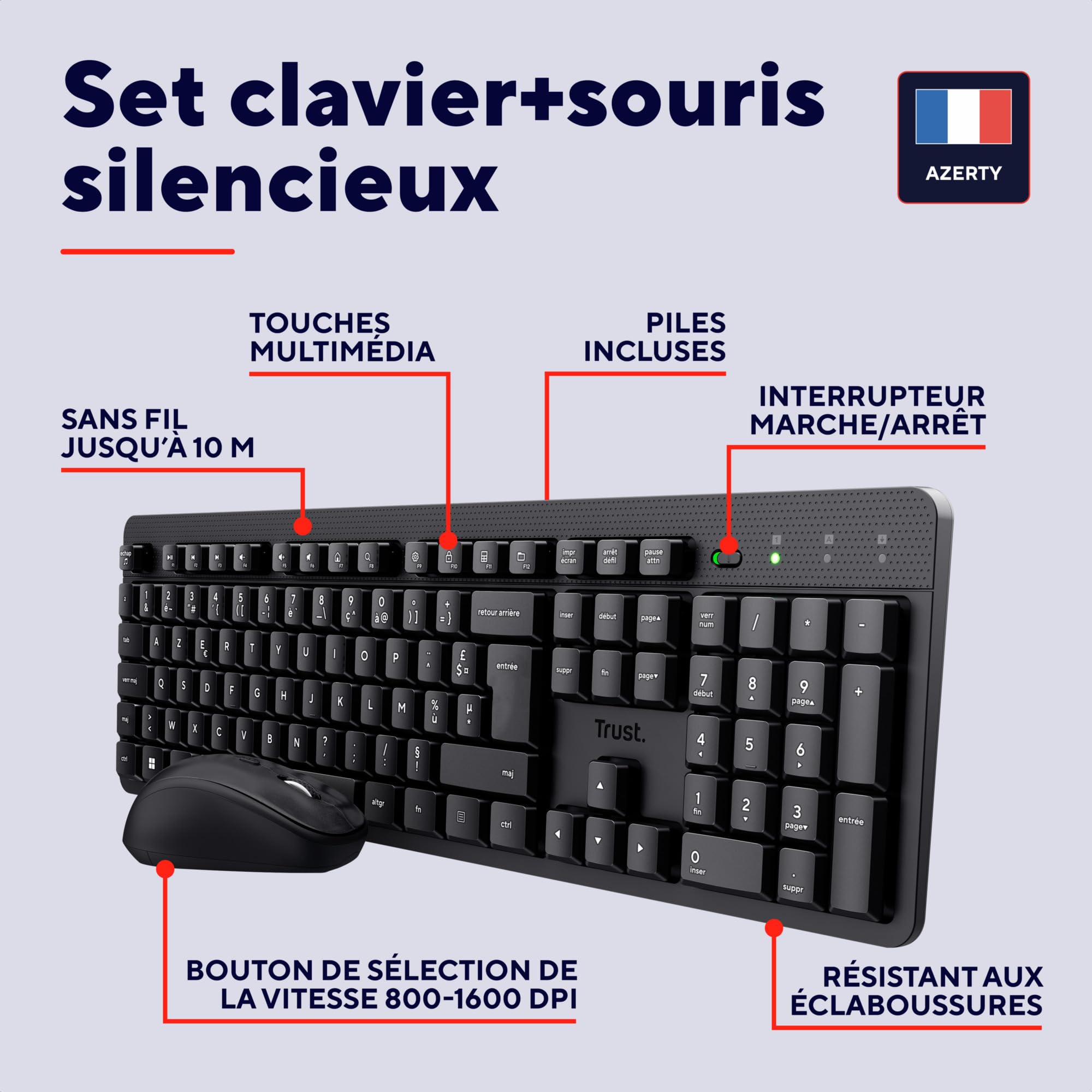 Trust Ymo II Pack Clavier et Souris sans Fil AZERTY Français Silencieux, Résistant aux Éclaboussures, Récepteur USB Unique, Noir