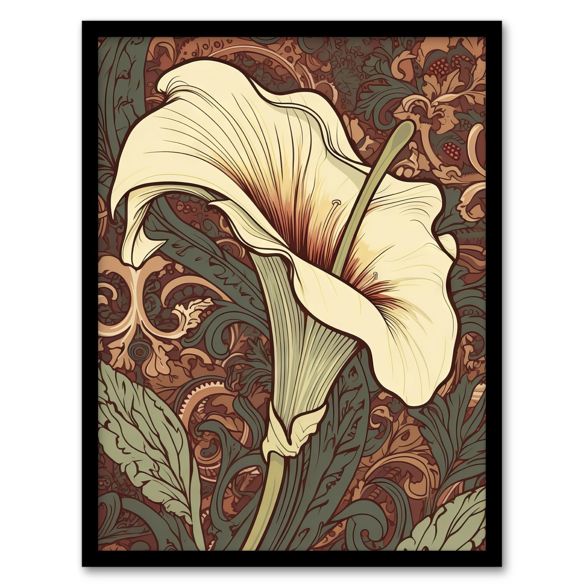 Artery8 Single White Cala Lily Flower Art Nouveau Painting Pastel Colour Teal Green Red William Morris Style Patterns Colourful Bright Floral Modern Artwork Artwork Framed Wall Art Print A4