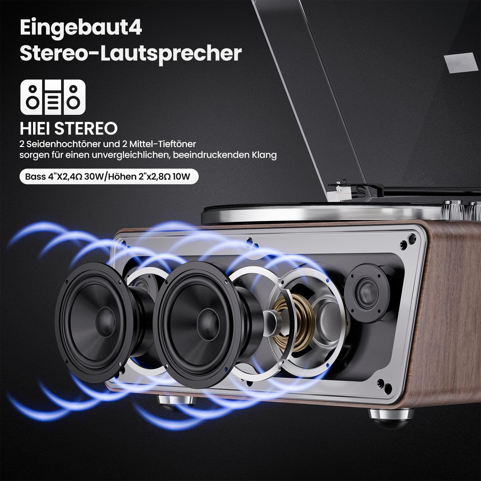 All in One Plattenspieler mit 4 Stereo Integrierten Lautsprecher,Hi-Fi Schallplattenspieler,Vinyl Record Player Bluetooth,USB PC Digitaler Ausgang,Phono Vorverstärker,AT-3600L,33/45U/min