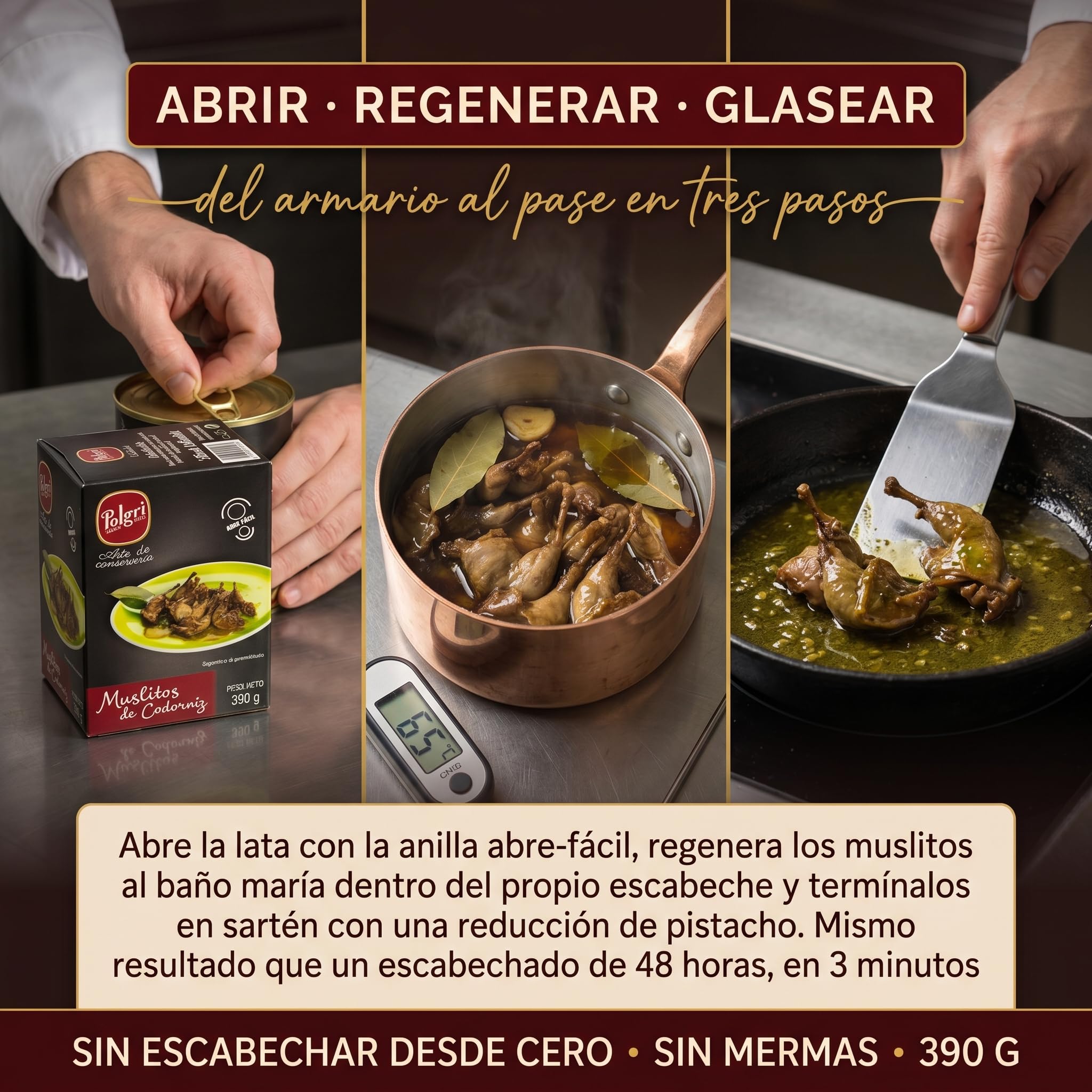 Polgri Muslitos de Codorniz en Escabeche Balsamico 12 Muslitos 390 gr x 3 latas Conserva Abre Facil Lista Comer Caliente o Frio Aperitivo Gourmet Tradicional Espanol desde 1967 Arte de Conserveria