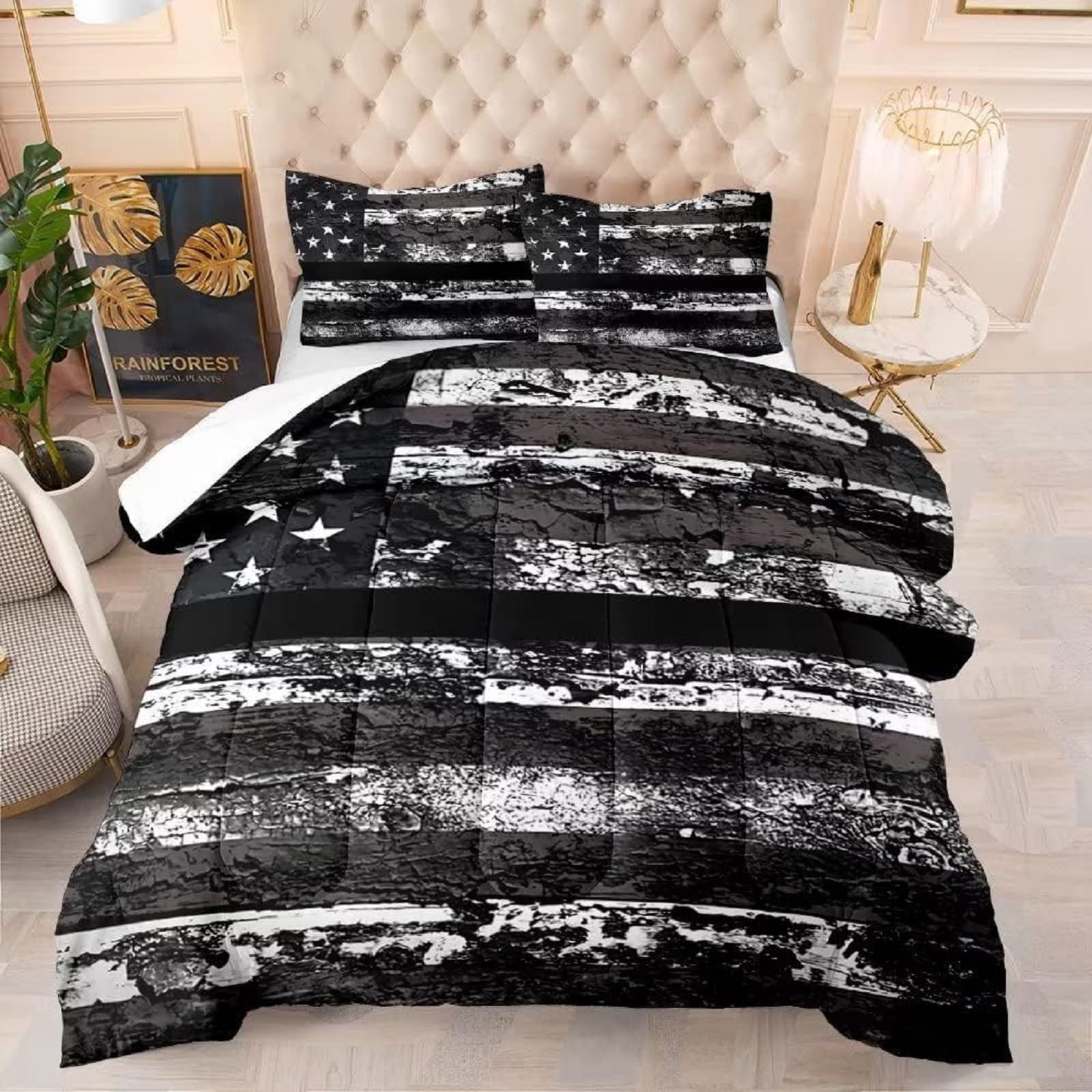kxry Black and White USA American Flag Comforter Set King Size for Boys Kids Teens Dirty US Stars Stripes Flags Bedding Quilt 1 Comforter + 2 Pillow Cases