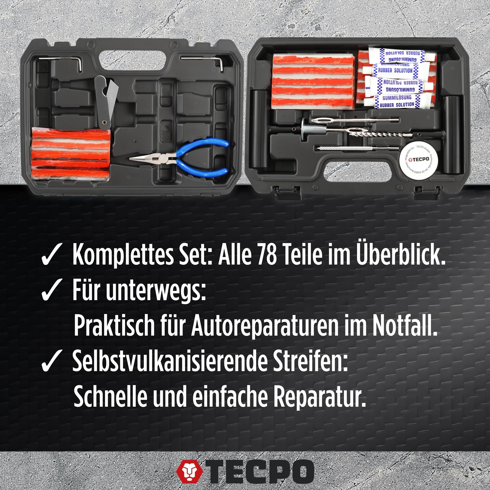 TECPO Reifenreparaturset Set 78-tlg. Auto Motorrad LKW PKW Vulkanisier Flickzeug Panne Notfall Reifendichtmittel mit T-Griff