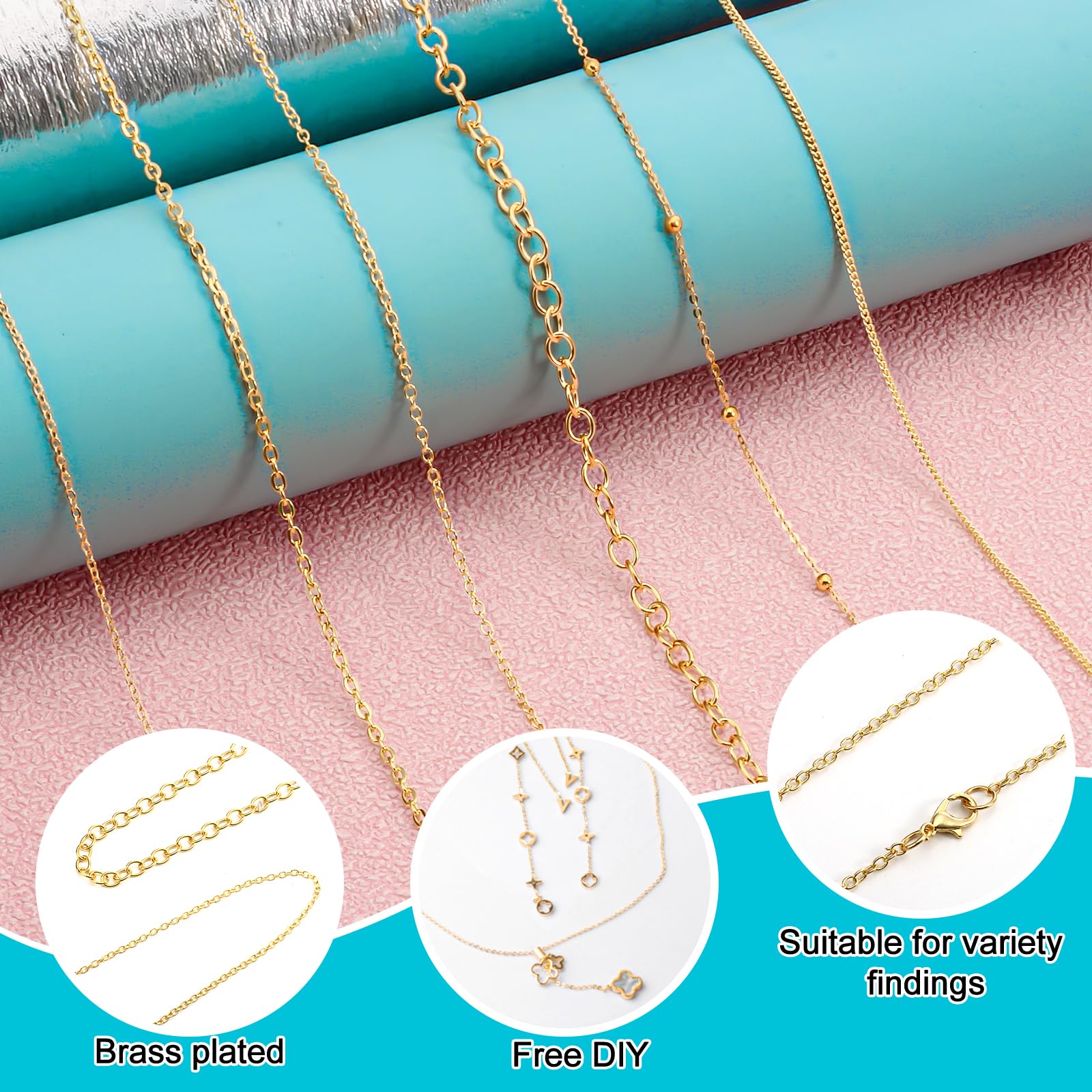 Kit Chaînes Collier 14m Doré - 6 Rouleaux Avec Fermoirs, Anneaux Saut Et Bagues En U Pour Fabrication Bijoux DIY, Bracelets Et Breloques