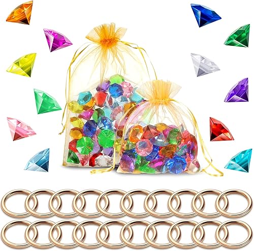 Chalyna Juego de 70 anillos redondos de aleación de oro con gemas acrílicas, con bolsa de regalo para suministros de fiesta de cumpleaños, 7.9 x