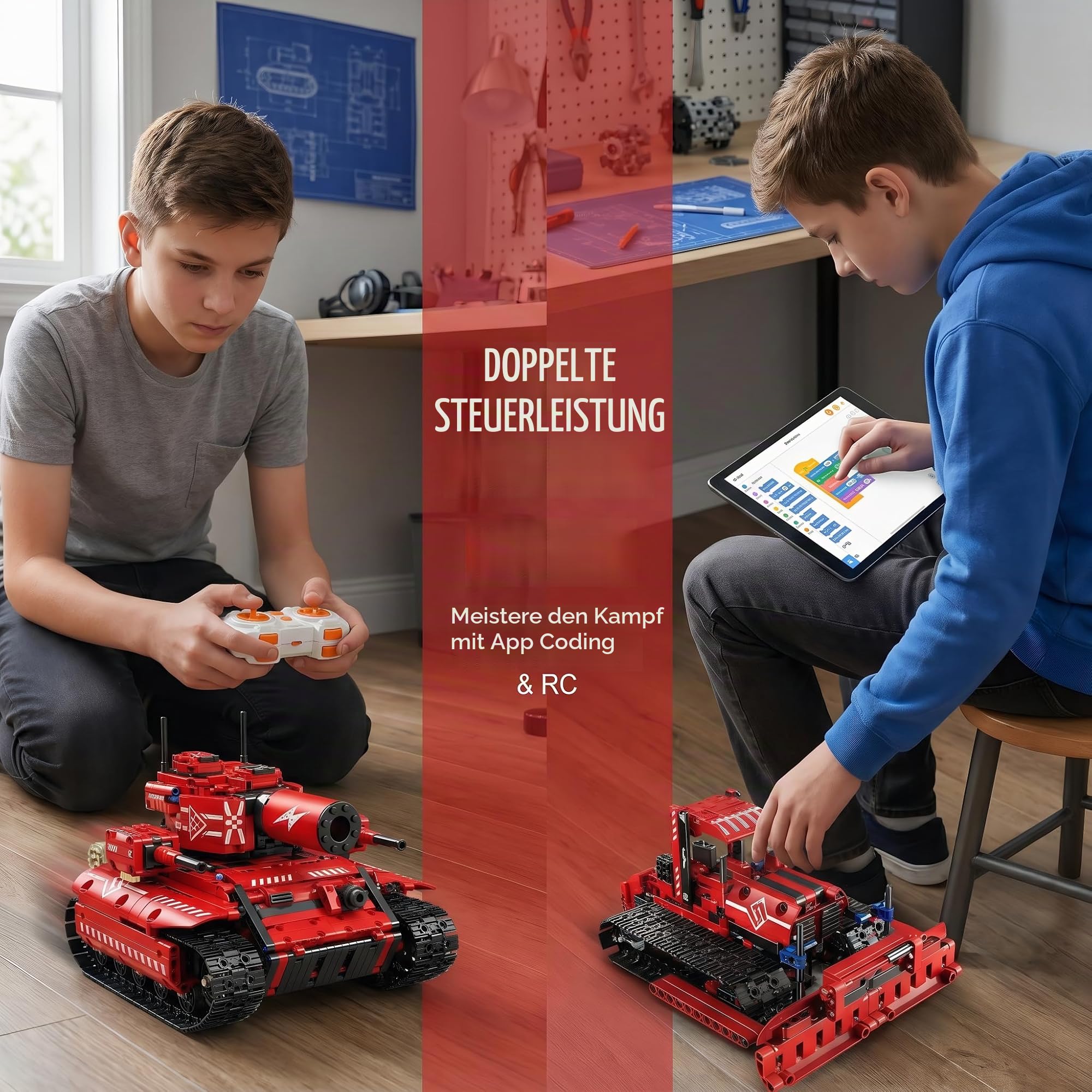 Programmierbarer Roboter Bausatz, fünf Modelle, 495 Teile | 495 Teile für fünf Modelle mit App-Coding, Fernsteuerung, Linienfolge und Kettenantrieb für wechselnde Roboterprojekte.