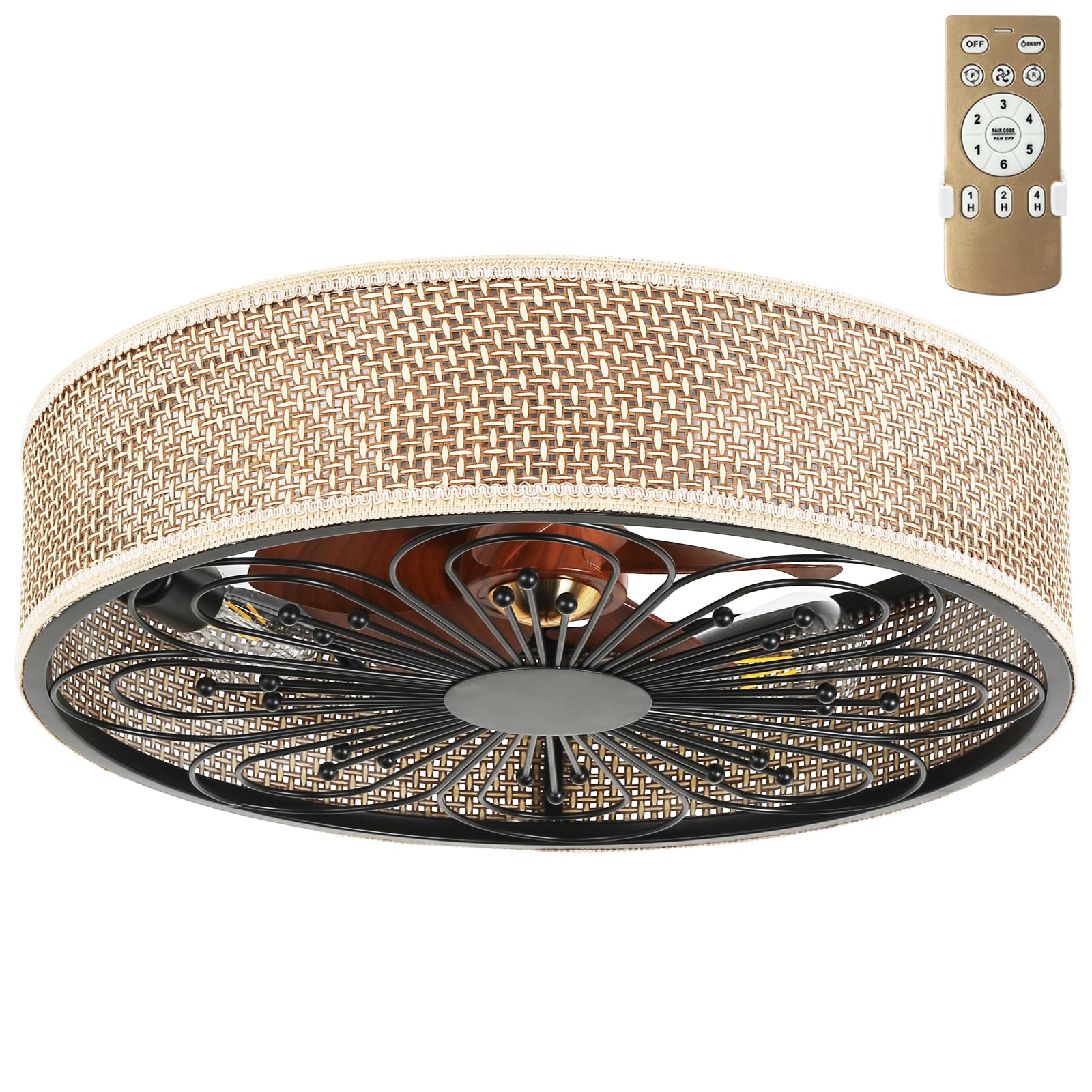 Boho Caged Ceiling Fan with Light Flush Mount Fandelier Ceiling Fan with Remote Reversible 6 Speeds Motor Dia.20" Rattan Low Profile Enclosed Ceiling Fan, Black