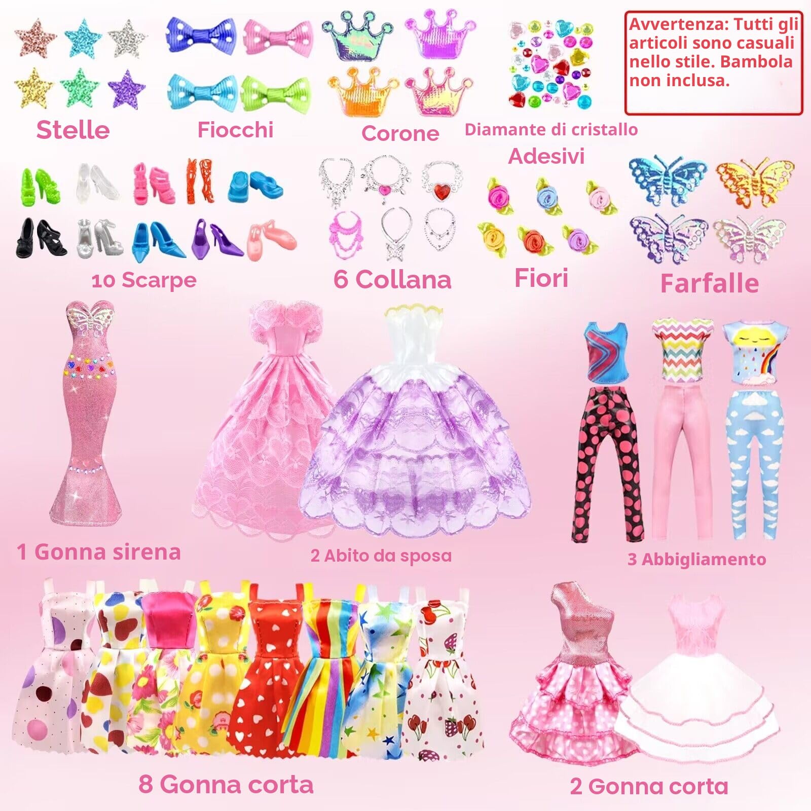 75pezzi Vestiti e Accessori per Bambole Dolls 11,5 Pollici Bambole Playset tra cui 2 Abito da bambola principessa 1 Vestiti di moda 2 Abito da festa 8 mini abiti 3 top e pantaloni 10 scarpe 6 collane