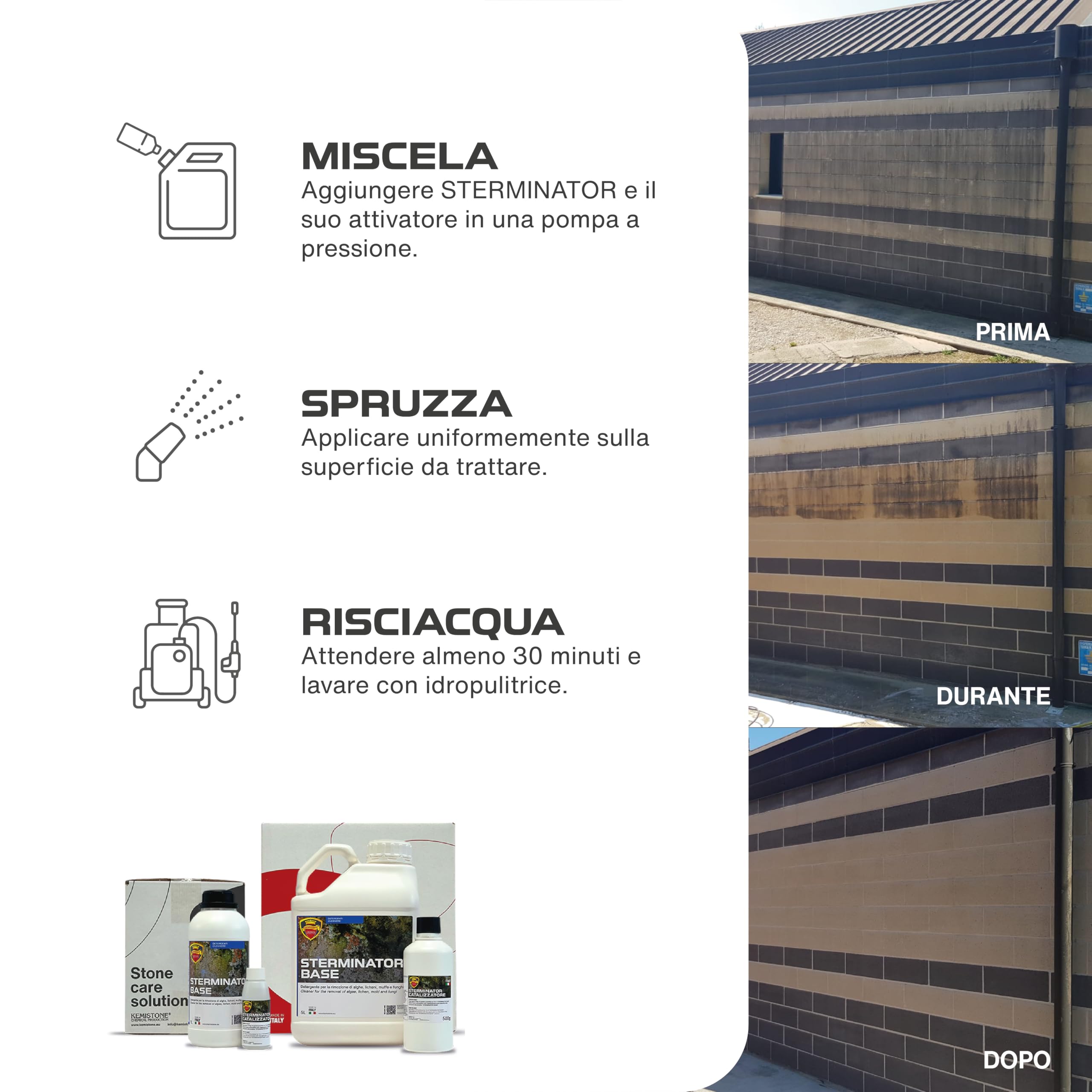 STERMINATOR – Detergente Professionale per Alghe e Muschi su Pavimenti e Muri Esterni | Pulitore per Annerimenti su Gres, Pietra, Cotto e Cemento (5L)