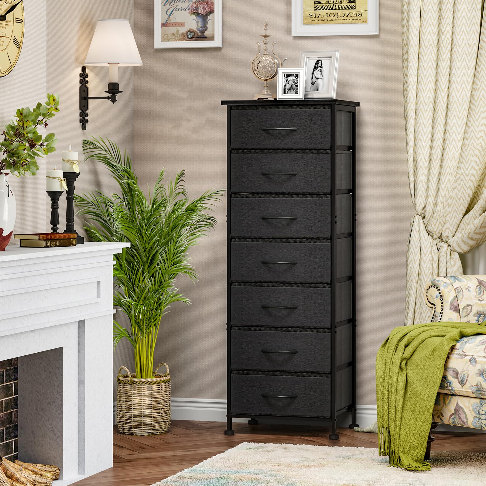 Cómoda alta negra para dormitorio, organizador de almacenamiento con 7 cajones de tela, muebles de mesita de noche en armario, entrada, pasillo 4