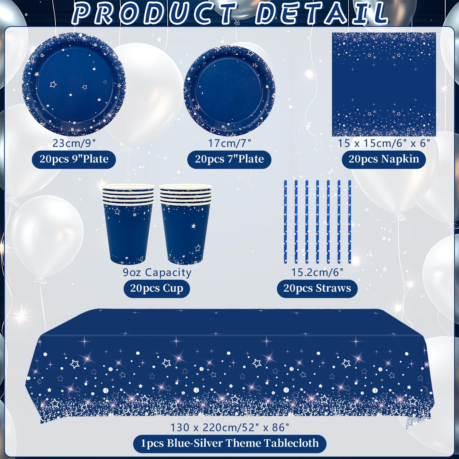 Decorazioni per feste di compleanno, blu navy e argento, per feste, include piatti, bicchieri, tovaglioli, tovaglie, cannucce, 20 pezzi