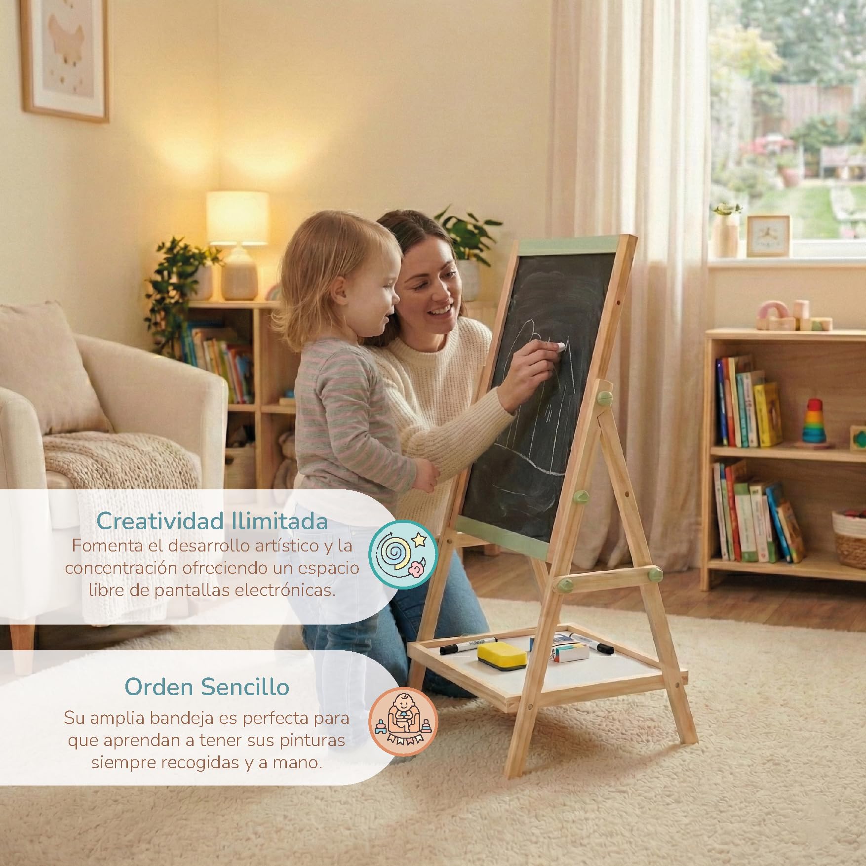 Buddy Baby - Pizarra Creativa 2 en 1 CreativeBoard - Desde 3 años - Superficie blanca y tiza - Incluye caja de tizas, 2 borradores y 1 boli - Balda inferior para accesorios - Ajustable en altura