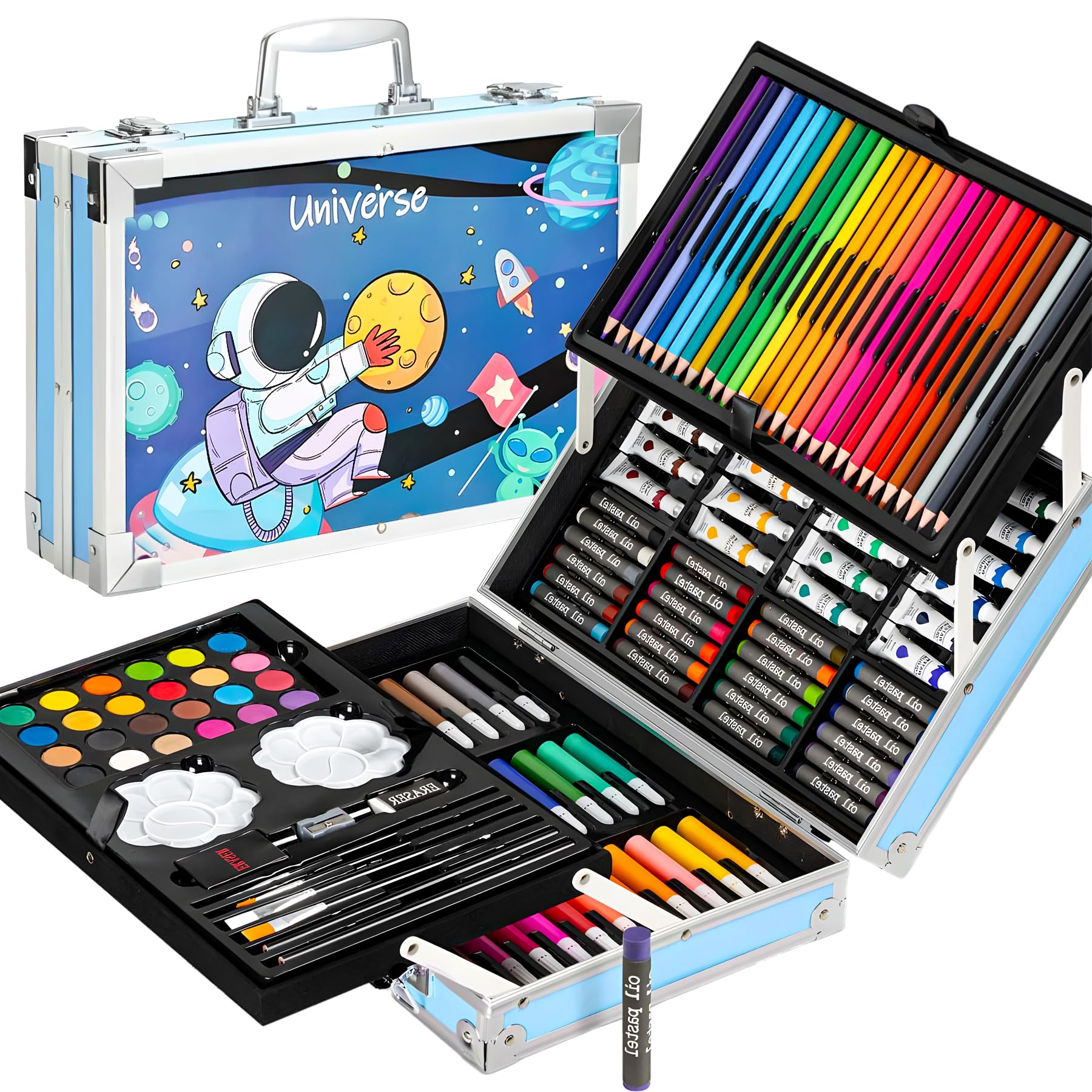 WISHKEY 145 Pieces Art Set for Kids with Space Theme Storage Case, Art and Craft Supplies Kit for Drawing and Painting with Oil Pastel, Water Color, Color Pencils, Sketch Pen (Pack of 1, Blue)