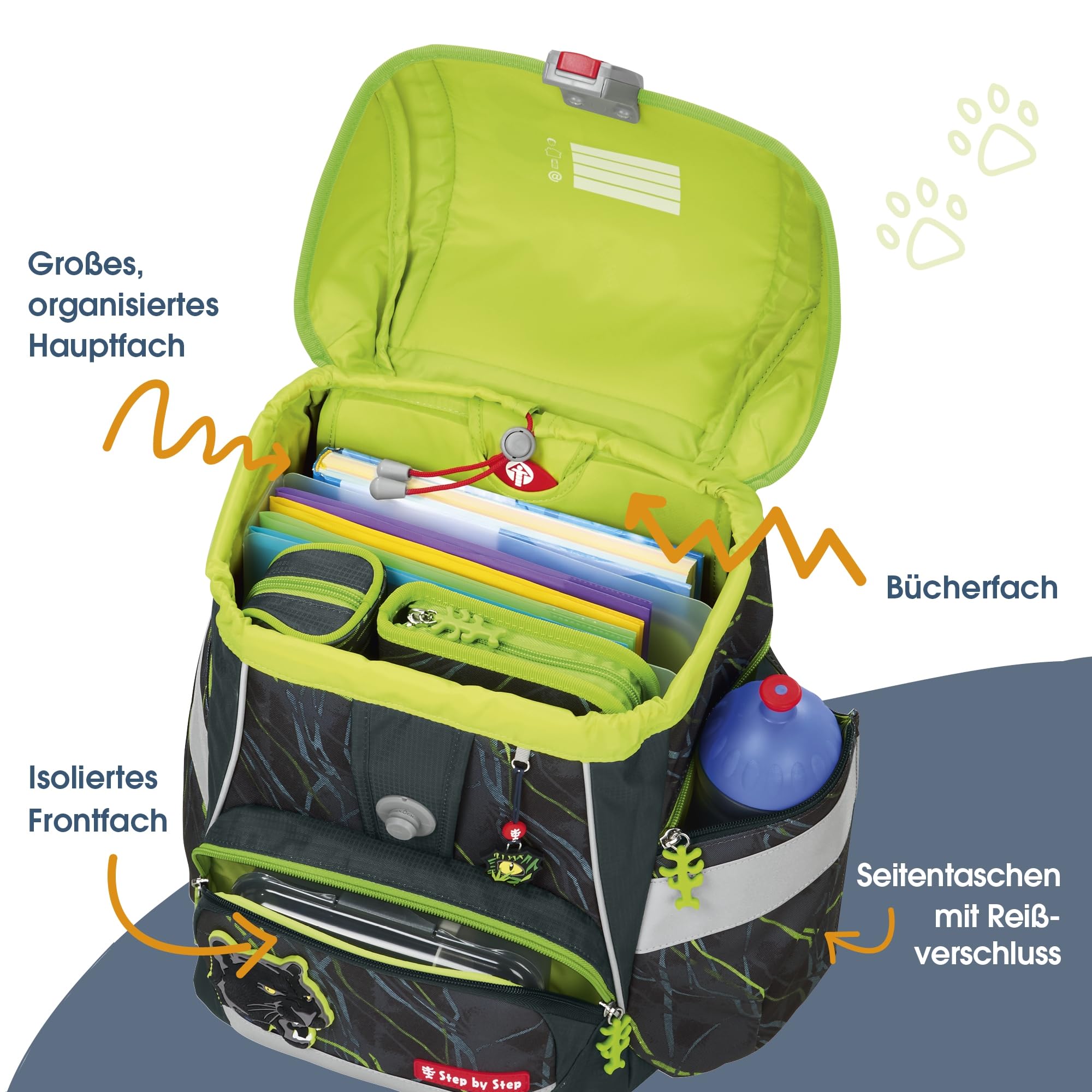 Step by Step Schulranzen-Set 2IN1 PLUS „Danger Cat Chiko“ 6-teilig, grau-grün, Dschungel-Design, ergonomischer Tornister mit Reflektoren, höhenverstellbar mit Hüftgurt für Jungen ab der 1. Klasse, 19L