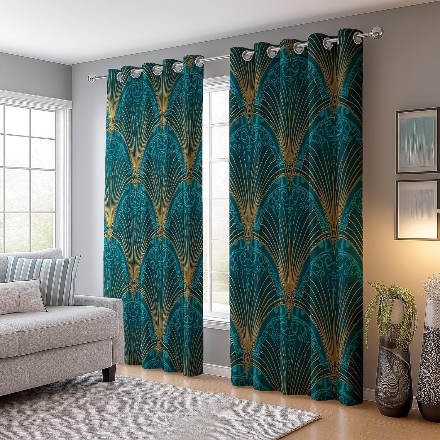 100% Blackout Curtains 27 Inch X 63 Inch (2 Panels) Neoclassical Fan-Shaped Retro Green – Thermal Insulated Sunlight Blocking Grommet Window Drapes for Bedroom Kids Room 100% Blackout Curtains 27 Inch X 63 Inch (2 Panels) Neoclassical Fan-Shaped Retro Green – Thermal Insulated Sunlight Blocking Grommet Window Drapes for Bedroom Kids Room