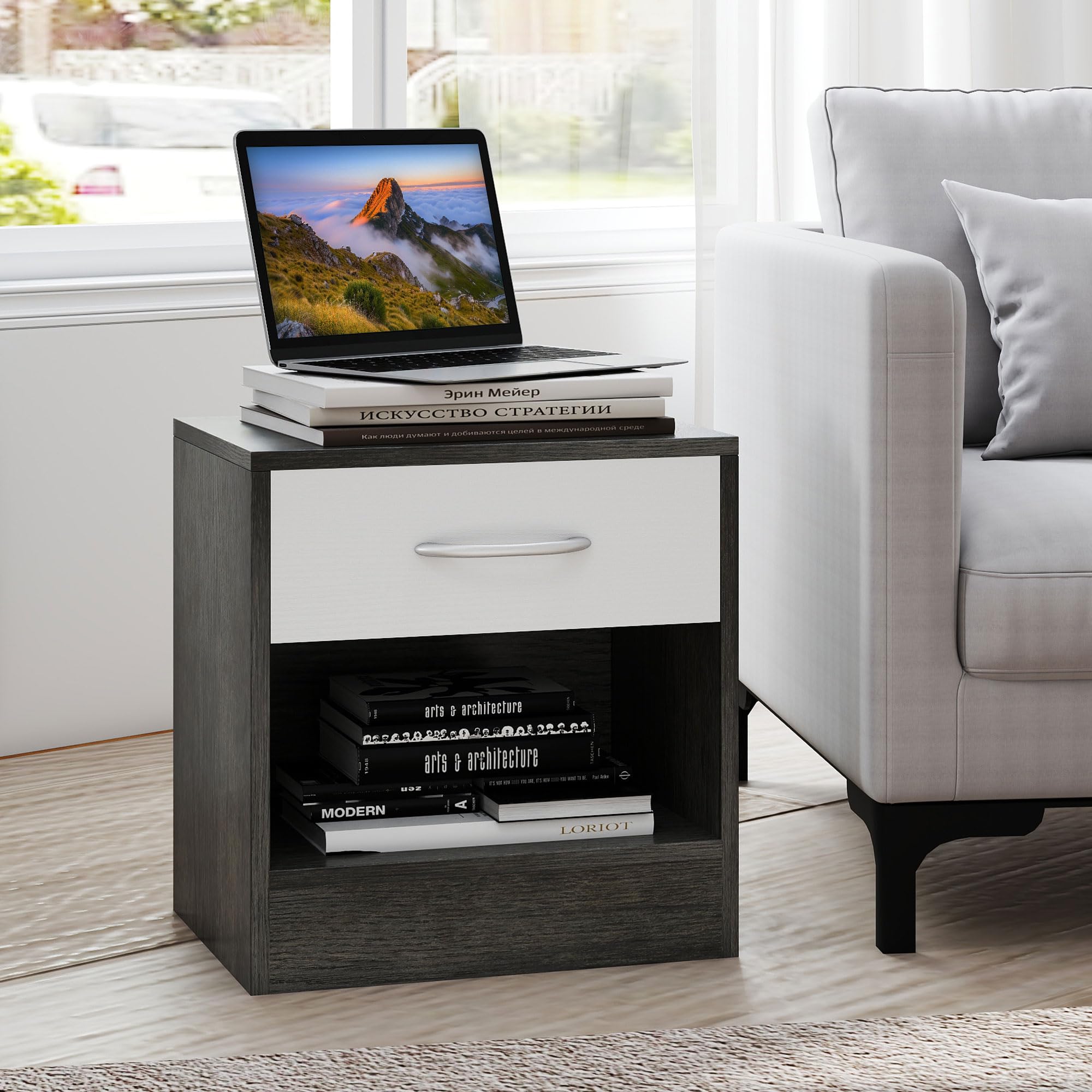 HOMCOM Set 2 Comodini per Camera da Letto con Ripiano Aperto e Cassetto, Comodini Moderni in Truciolato, 39x28x41 cm, Bianco e Grigio Scuro