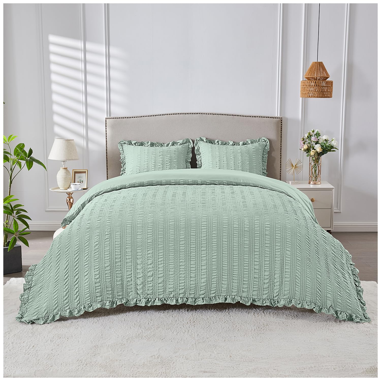 GC GAVENO CAVAILIA Embossed Duvet Cover Double - 2Piece Striped Sage Green Bedding Double Duvet Cover Set Pillow Cases - Lightweight & Reversible Quilt Cover Bed Set With Button Closure, 200X200 cm