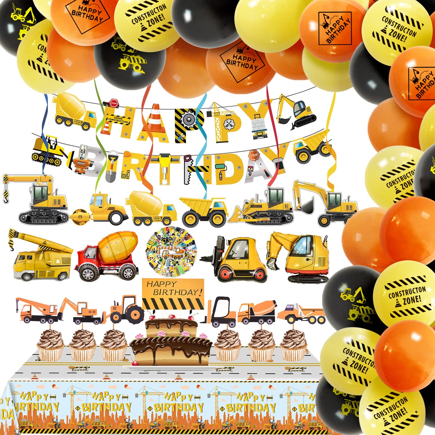 YBST Construction Birthday Party Supplies, Construction Themed Party Decorations for Boys, Include Balloons, Banner, Tablecloth, Sticke