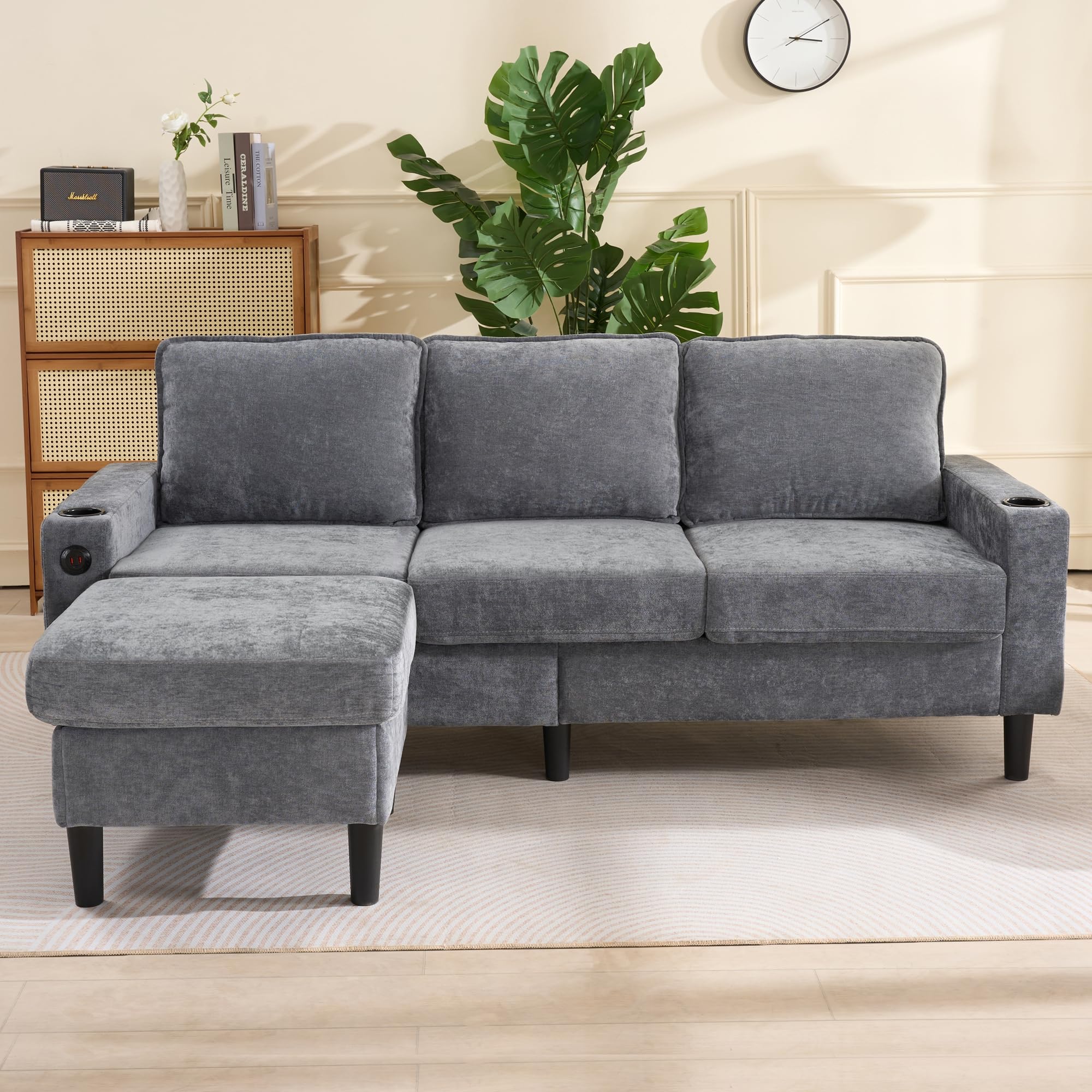 Merax Ecksofa 3-Sitzer Sofa mit Polsterhocker, Gepolstertes Sofa mit USB & Typ-C, 2 Getränkehaltern, L-förmiges Schlafsofa, Polstermöbel für Wohnzimmer, Wohnung, Lounge und Schlafzimmer, Grau