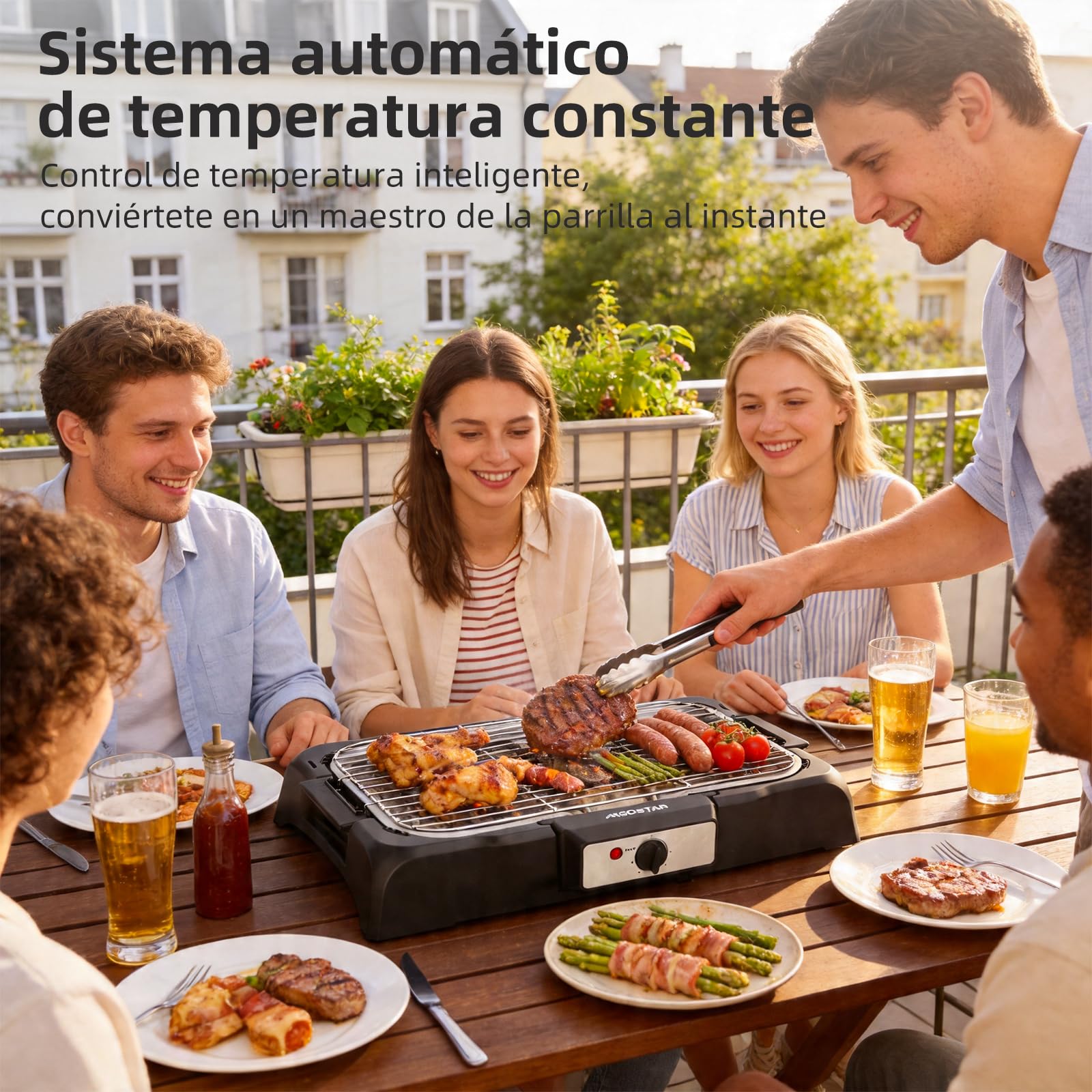 Aigostar Tasty - Grill sin humo, plancha de asar, barbacoa eléctrica para interiores, 2000W, tamaño compacto, uso con agua: evita manchas y humo, bandeja recoge grasa, termostato.