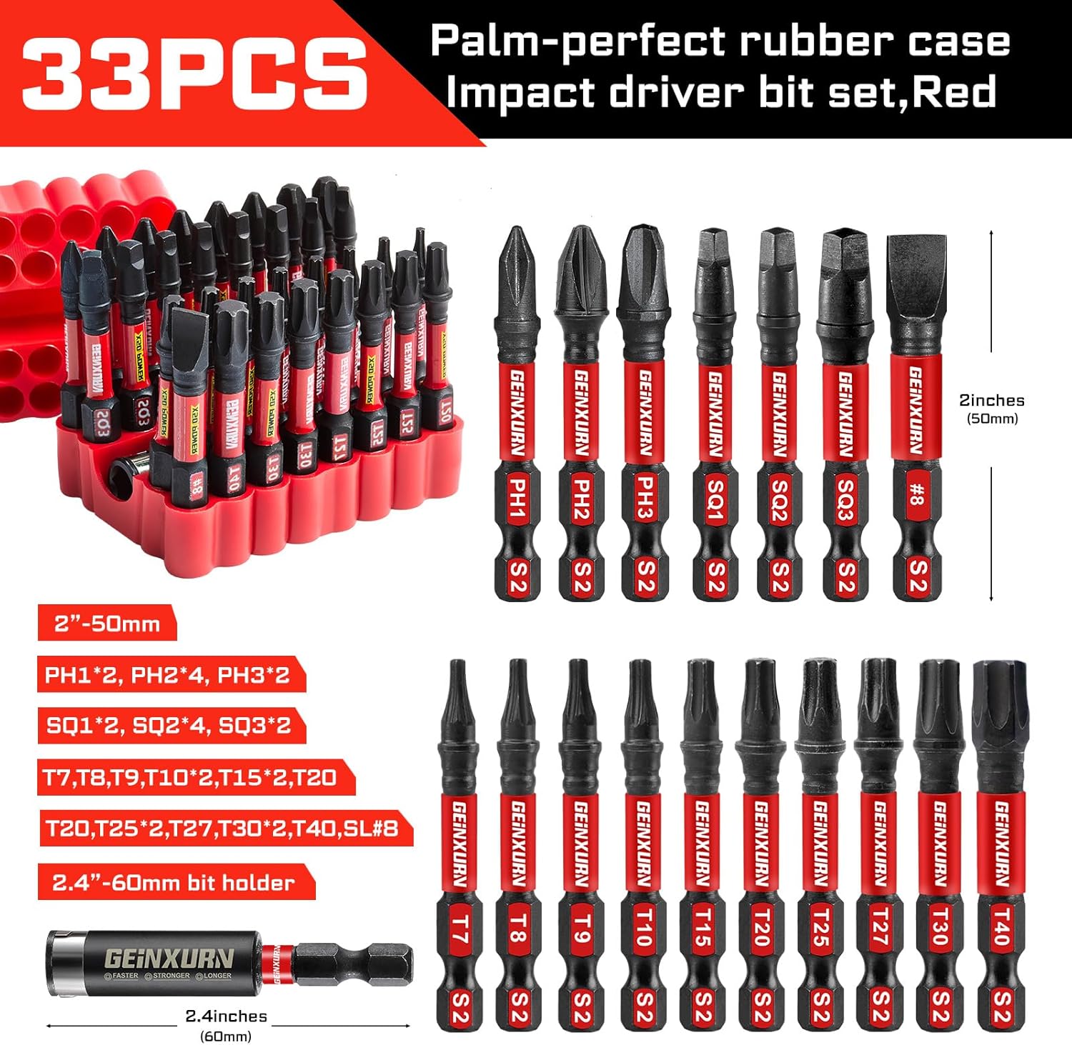 Geinxurn Impact Screwdriver Bits Set, 33 Pieces 2”Multi Head Magnetic S2 Steel Driver Bits PH/SQ/Torx/Slotted With Red Soft Base