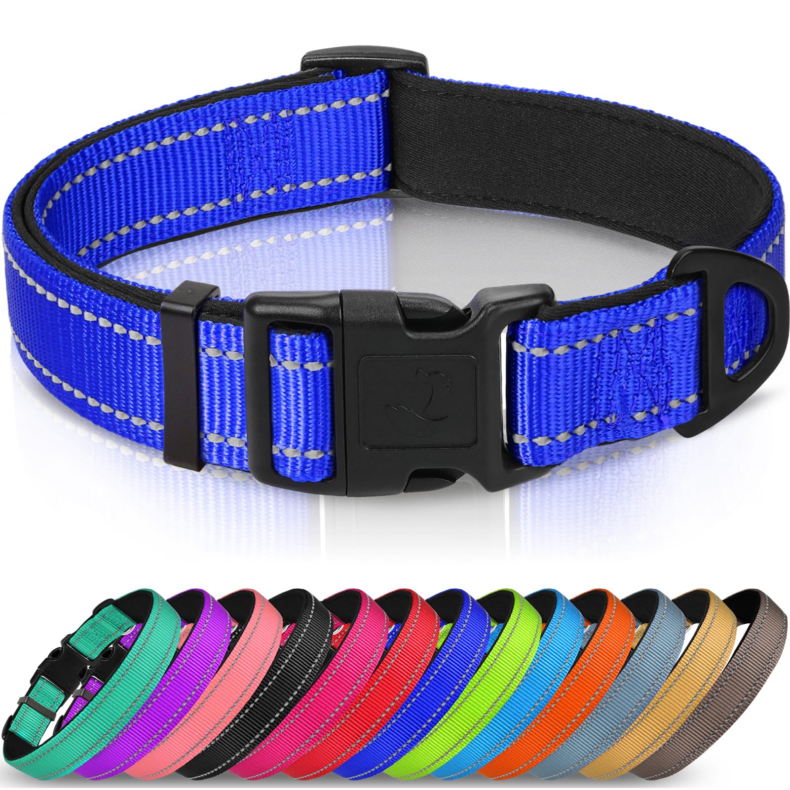 Joytale Reflective Dog Collar, Soft Neoprene Padded Breathable Nylon Pet Collar Adjustable for Large Dogs, L, Navy Blue