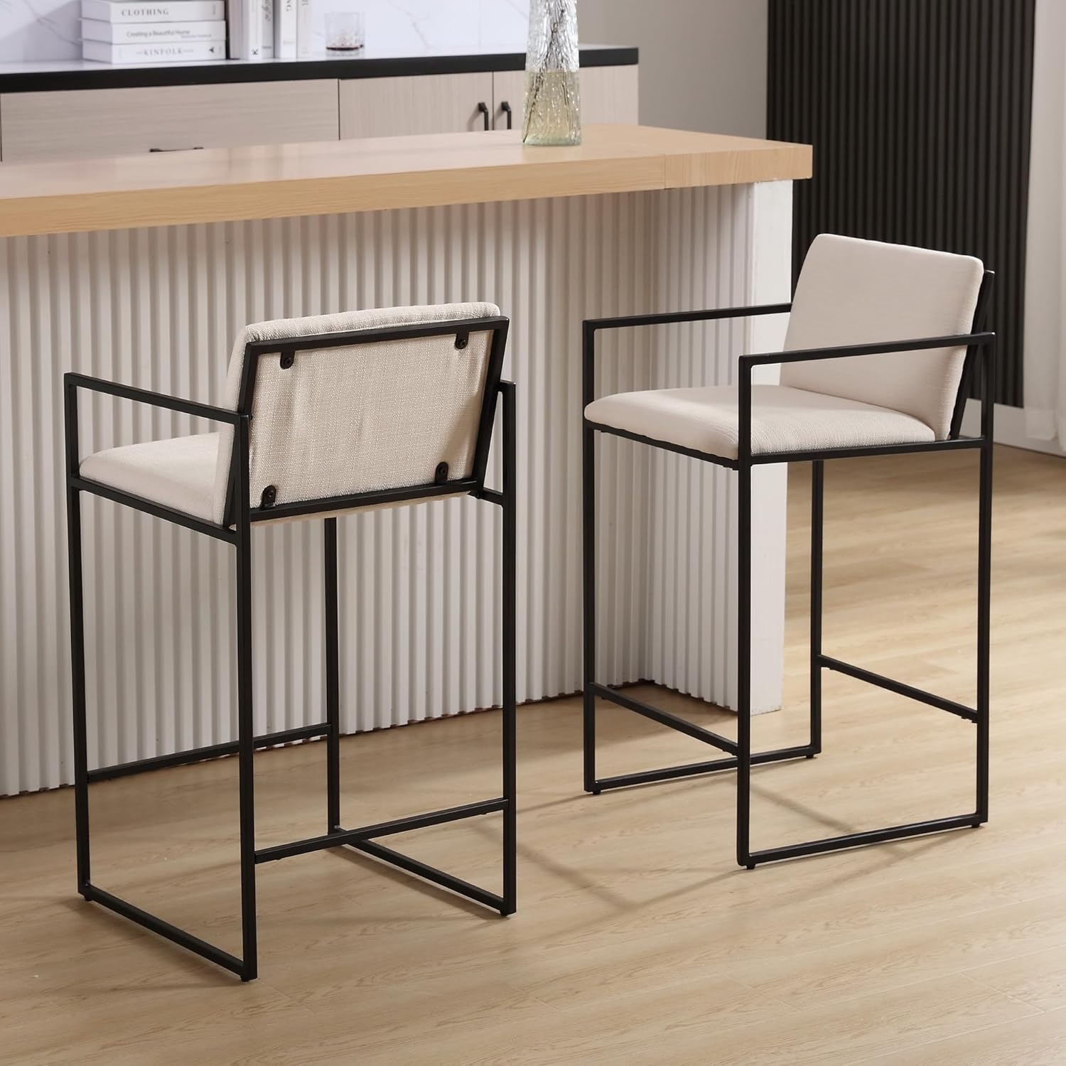 BESTANO Modern Bar Stools Set of 2 Linen Upholstered Couter Height Barstools with Low Back, 25.5 Inch Black Metal Frame Industrial Kitchen Island Chairs for Kitchen/Pub, Beige
