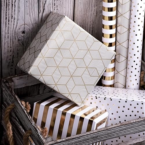Miniatura 5 de MAYPLUSS rollo de papel de regalo, pequeño rollo, 17 x 120 pulgadas por rollo, 3 diseños diferentes de color dorado y blanco (42.3 pies cuadrados)