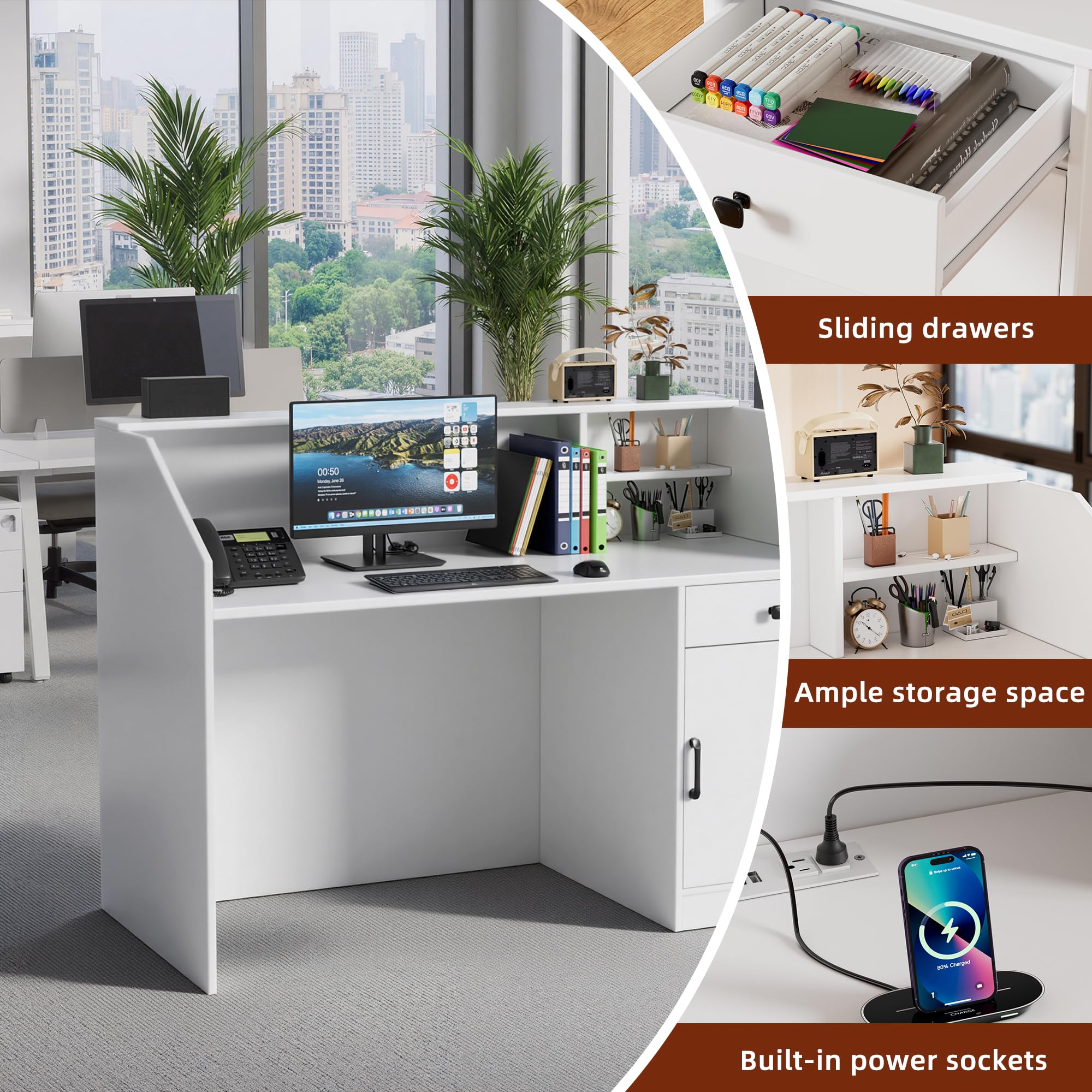 MSFE Bancone Reception con LED,Banco Reception con Cassetto,Armadio,Ripiani Aperti e Prese,Bancone Ufficio per Reception per Parrucchiere, Centro Estetico, Negozio, Hotel e Ufficio,140 * 60 * 110CM