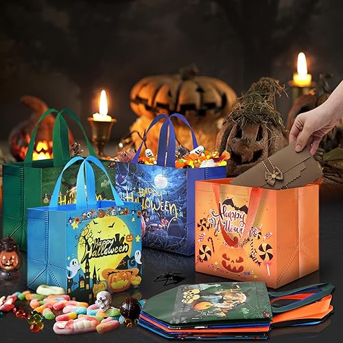 Miniatura 3 de AhfuLife 12 bolsas de Halloween para dulce o truco, bolsas de dulces de Halloween con asas para niños, bolsas de regalo reutilizables no tejidas de